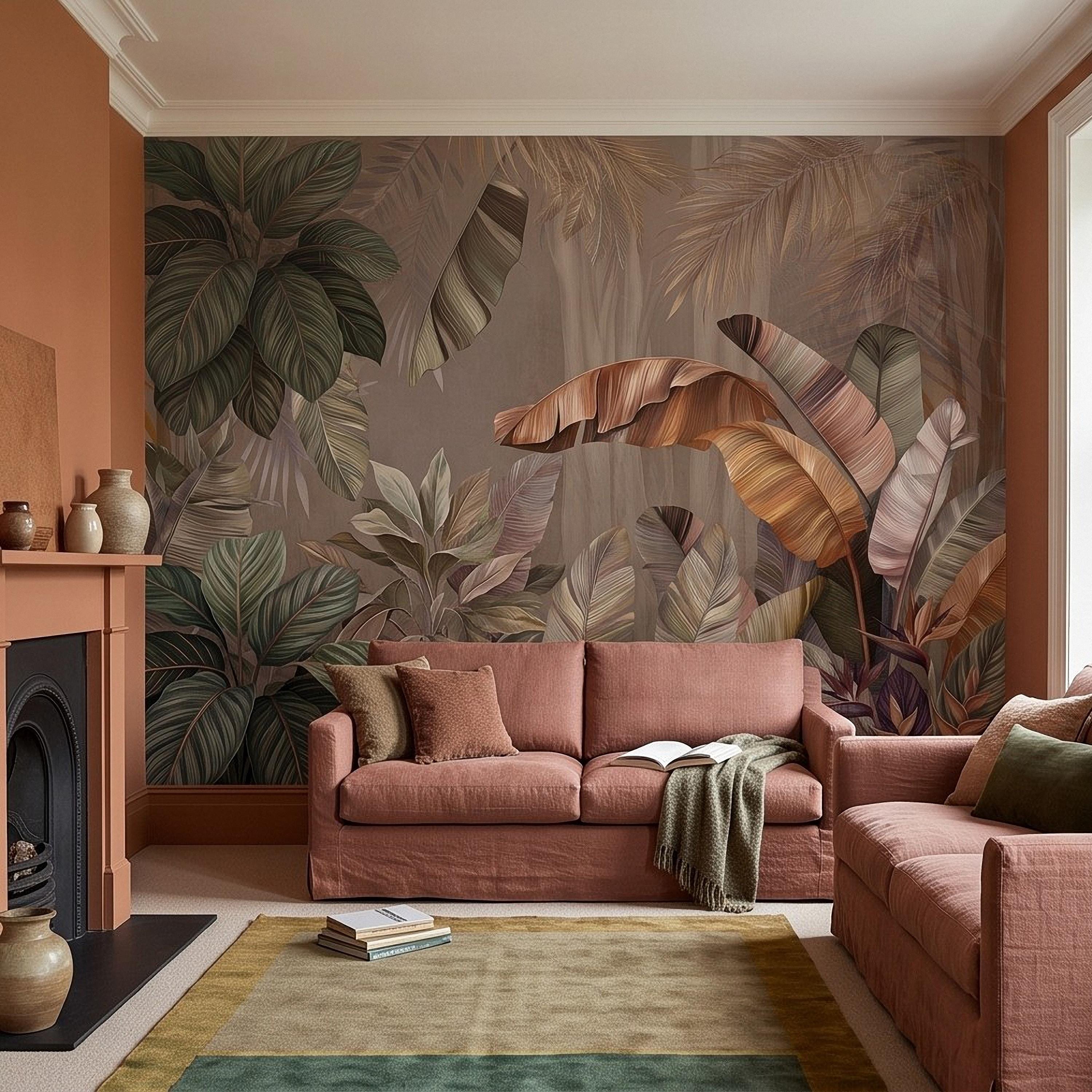 Neutral Tropical Botanical Peel and Stick Wall Mural, Banana Palm Leaves Exotic Foliage Earthy Nature Wallpaper
