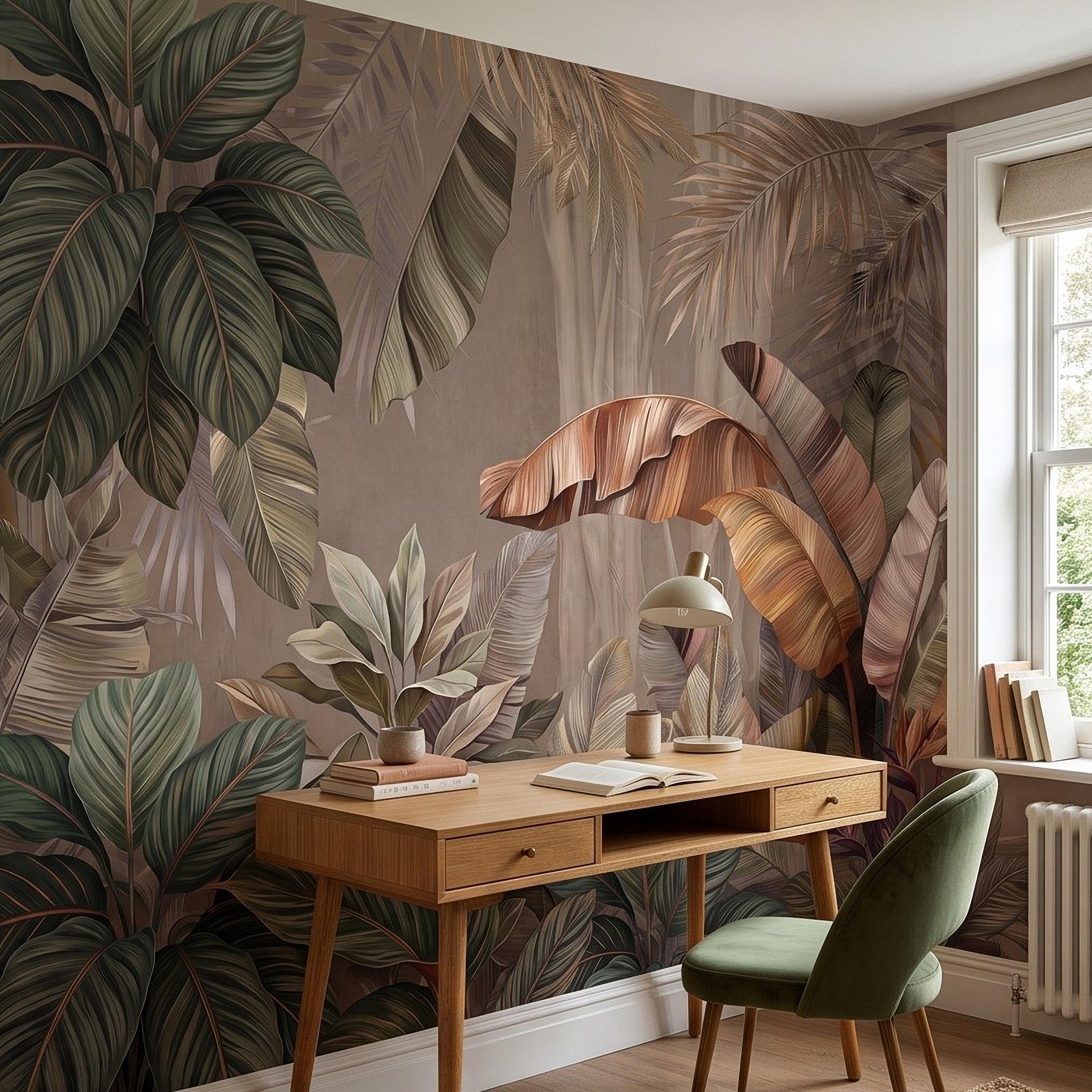 Neutral Tropical Botanical Peel and Stick Wall Mural, Banana Palm Leaves Exotic Foliage Earthy Nature Wallpaper