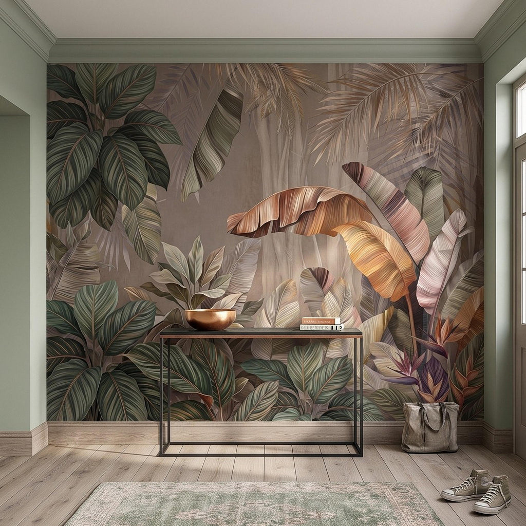 Neutral Tropical Botanical Peel and Stick Wall Mural, Banana Palm Leaves Exotic Foliage Earthy Nature Wallpaper