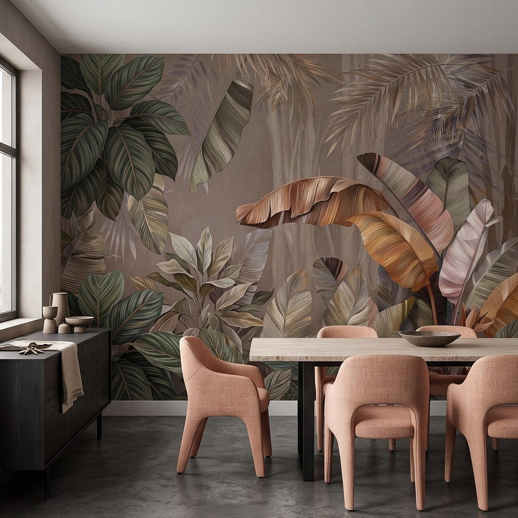Neutral Tropical Botanical Peel and Stick Wall Mural, Banana Palm Leaves Exotic Foliage Earthy Nature Wallpaper