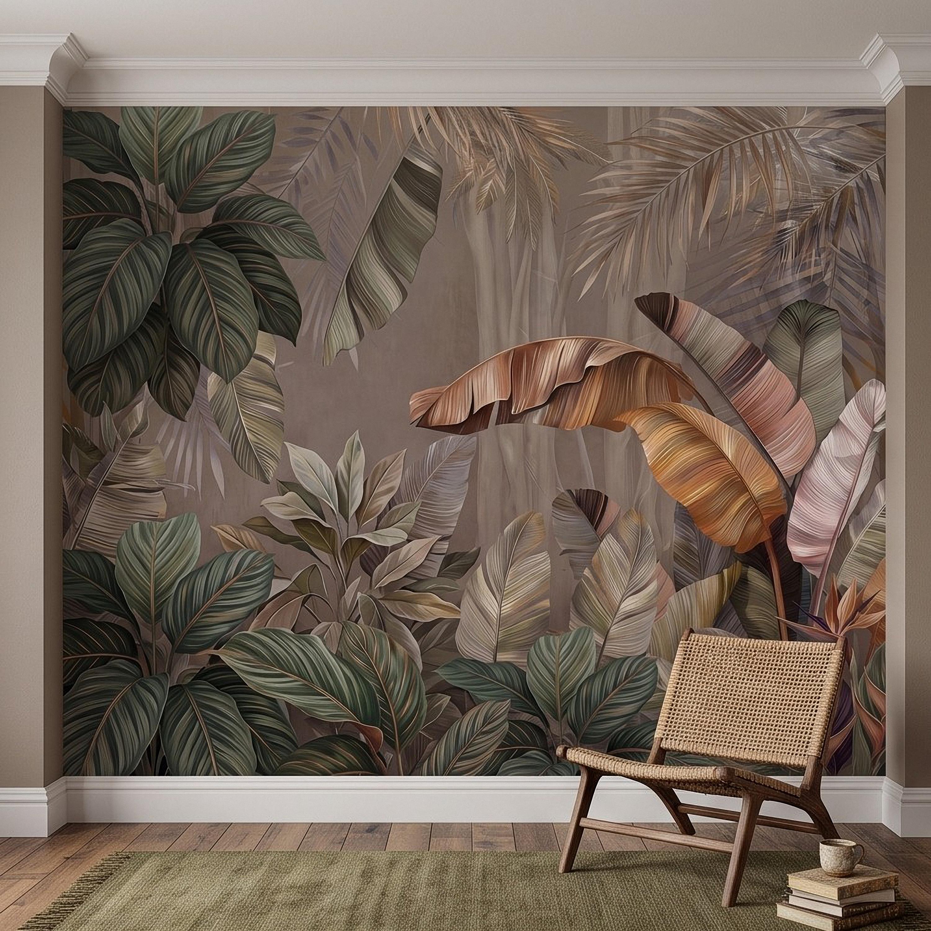 Neutral Tropical Botanical Peel and Stick Wall Mural, Banana Palm Leaves Exotic Foliage Earthy Nature Wallpaper