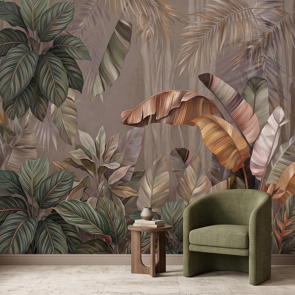 Neutral Tropical Botanical Peel and Stick Wall Mural, Banana Palm Leaves Exotic Foliage Earthy Nature Wallpaper