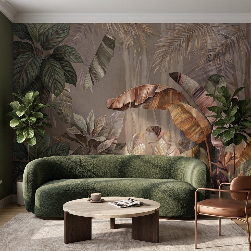 Neutral Tropical Botanical Peel and Stick Wall Mural, Banana Palm Leaves Exotic Foliage Earthy Nature Wallpaper