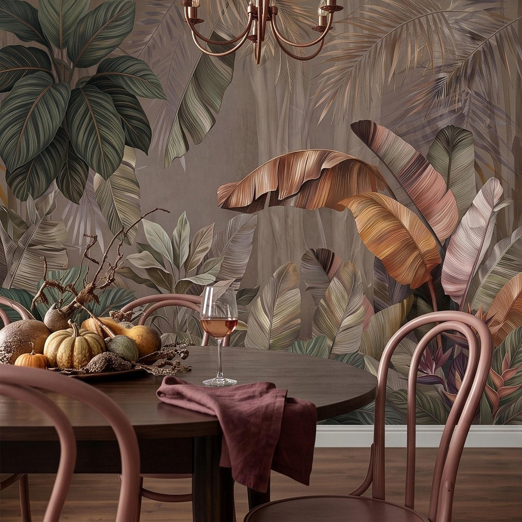 Neutral Tropical Botanical Peel and Stick Wall Mural, Banana Palm Leaves Exotic Foliage Earthy Nature Wallpaper