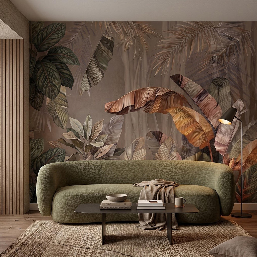 Neutral Tropical Botanical Peel and Stick Wall Mural, Banana Palm Leaves Exotic Foliage Earthy Nature Wallpaper