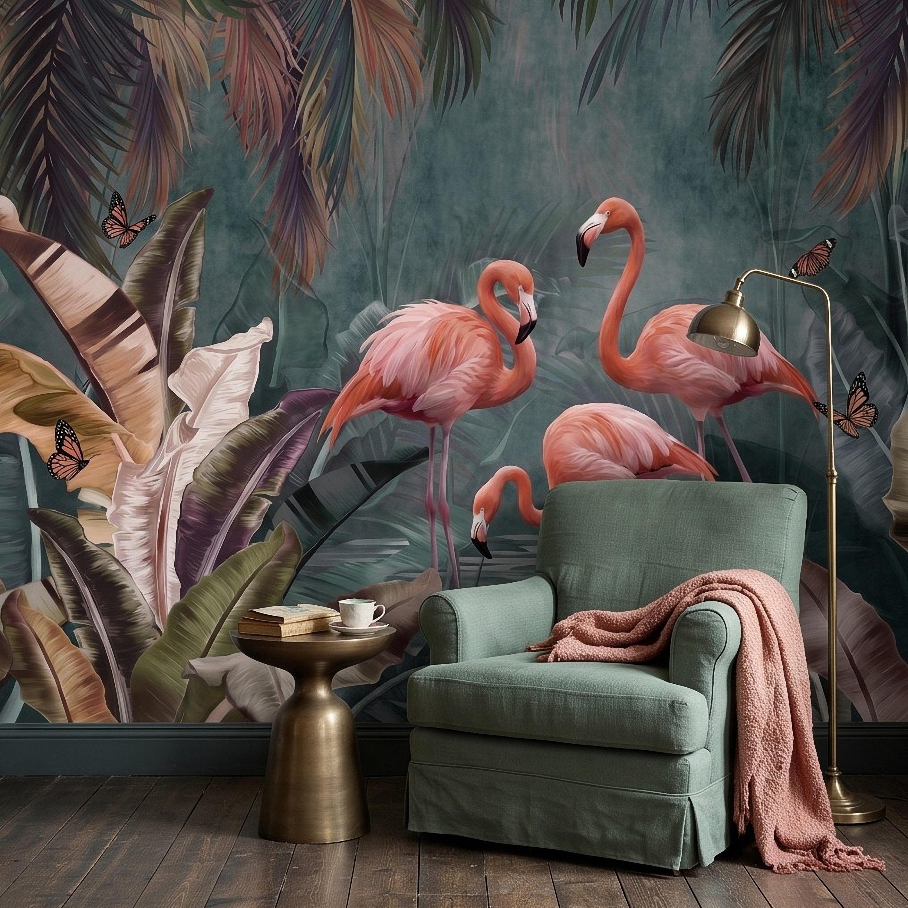 Pink Flamingo Peel and Stick Wall Mural, Tropical Banana Leaves Palm Foliage Butterflies Exotic Jungle Wallpaper