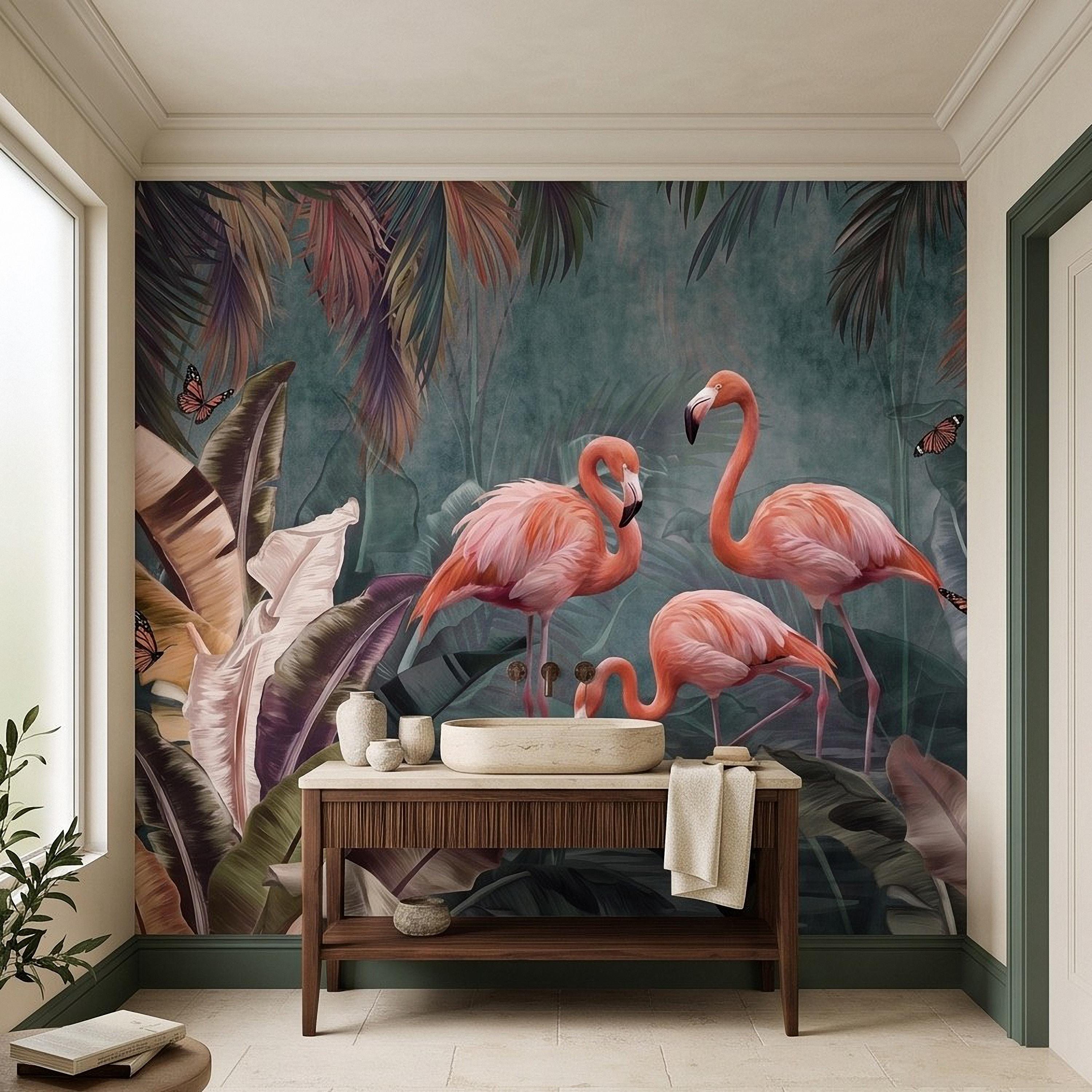 Pink Flamingo Peel and Stick Wall Mural, Tropical Banana Leaves Palm Foliage Butterflies Exotic Jungle Wallpaper