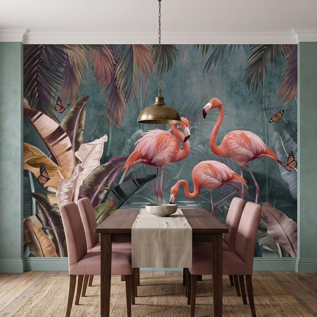 Pink Flamingo Peel and Stick Wall Mural, Tropical Banana Leaves Palm Foliage Butterflies Exotic Jungle Wallpaper