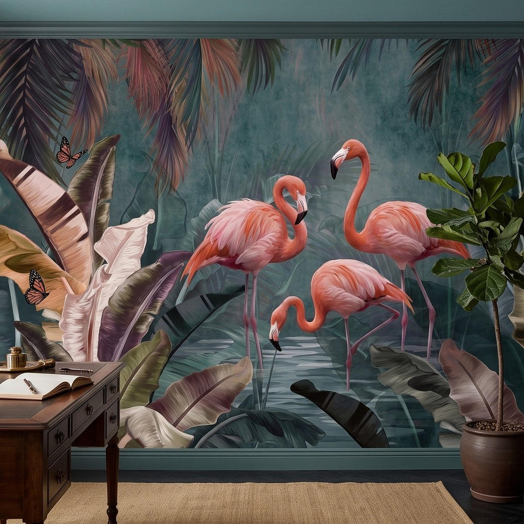 Pink Flamingo Peel and Stick Wall Mural, Tropical Banana Leaves Palm Foliage Butterflies Exotic Jungle Wallpaper