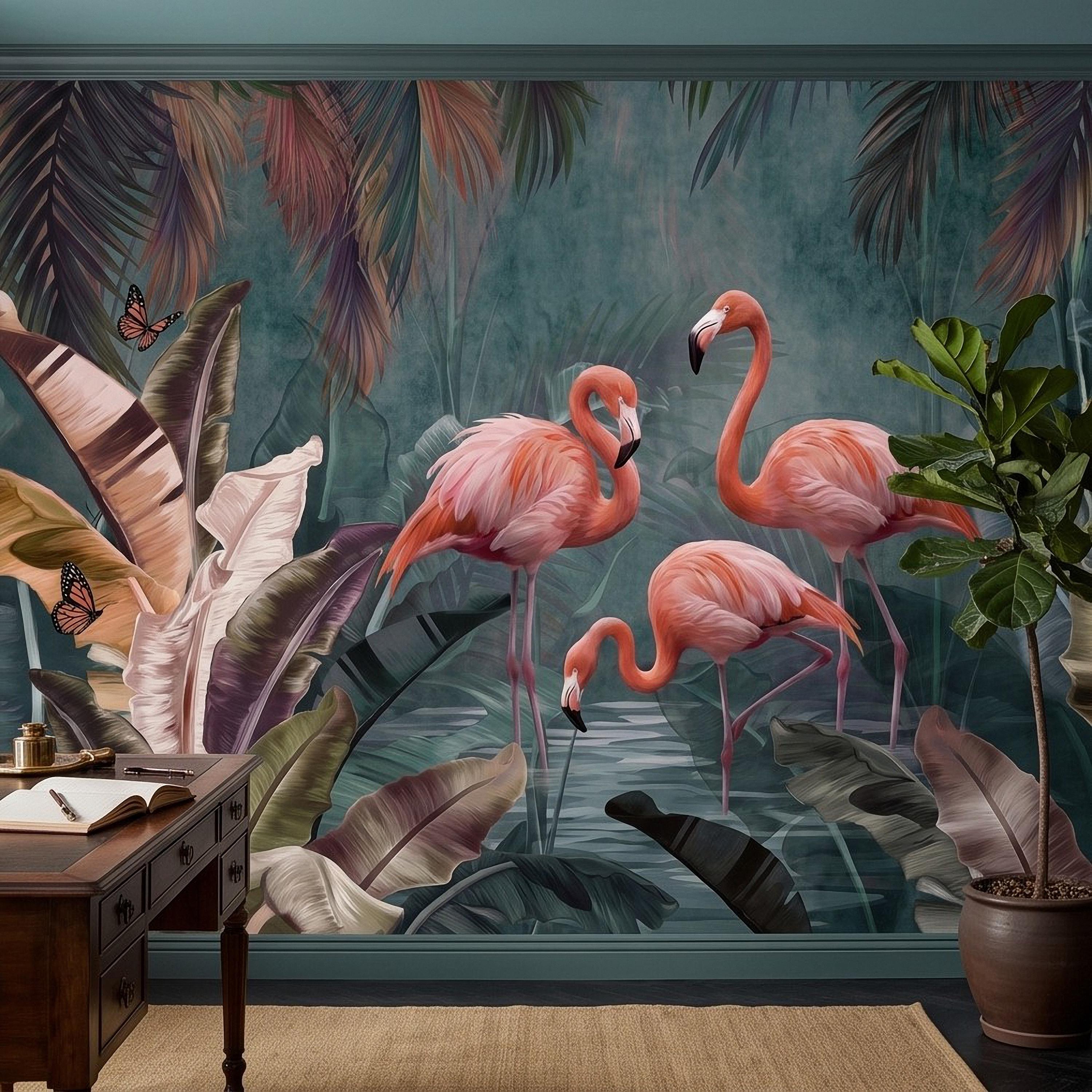 Pink Flamingo Peel and Stick Wall Mural, Tropical Banana Leaves Palm Foliage Butterflies Exotic Jungle Wallpaper
