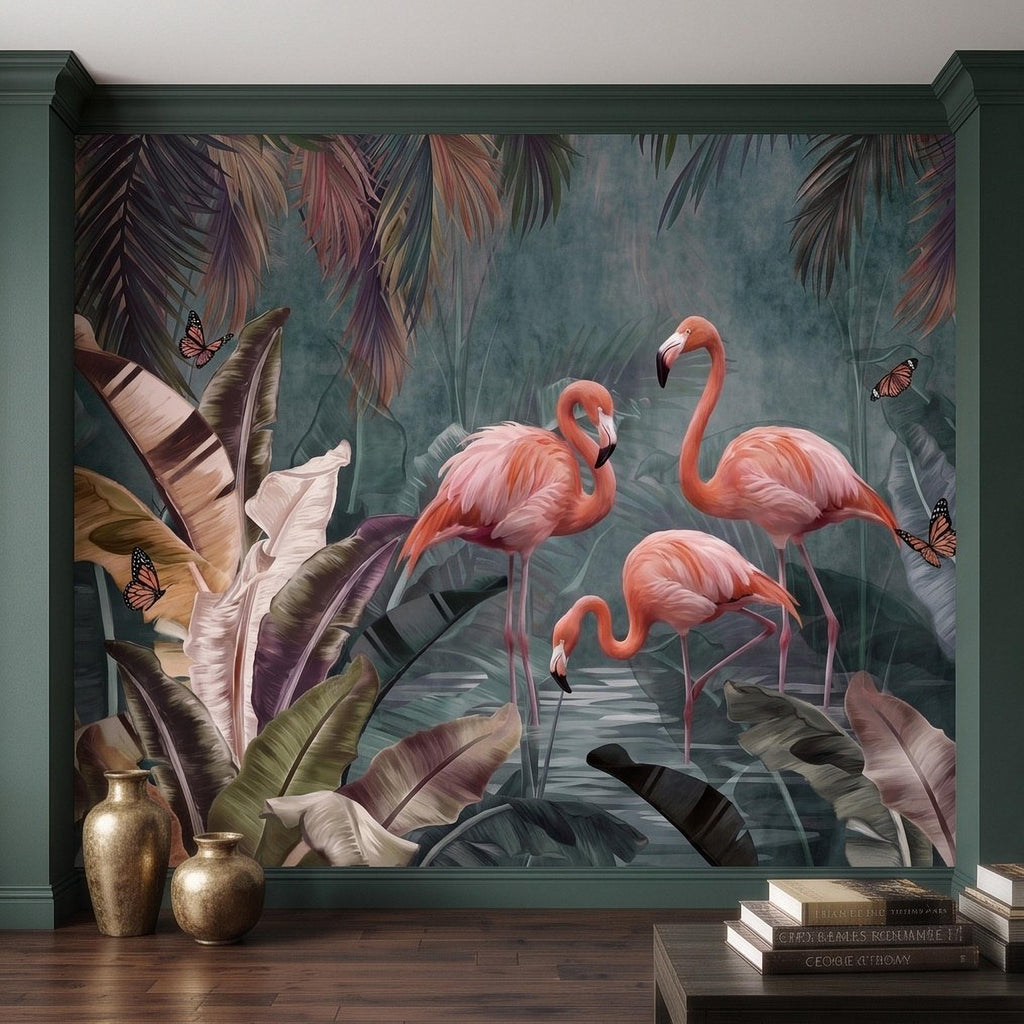 Pink Flamingo Peel and Stick Wall Mural, Tropical Banana Leaves Palm Foliage Butterflies Exotic Jungle Wallpaper