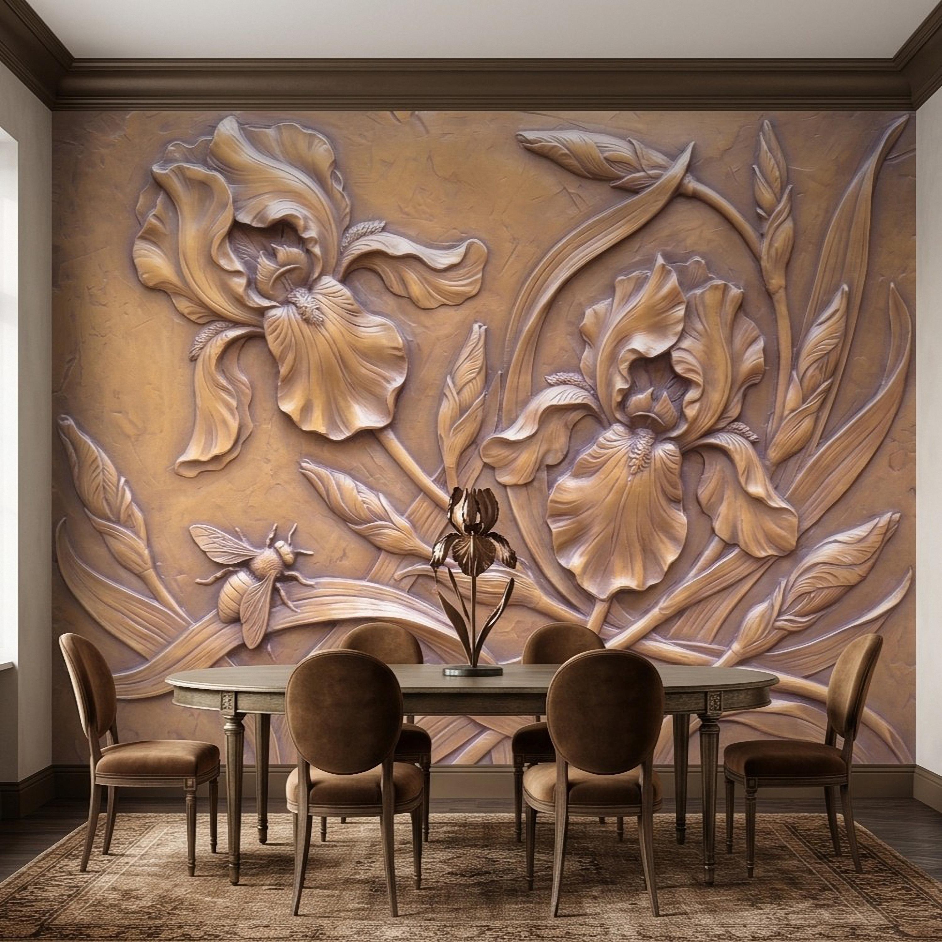 Iris Flowers Peel and Stick Wall Mural, Botanical Relief, Embossed Plaster Iris with Bee Art Nouveau Bas Relief Wallpaper