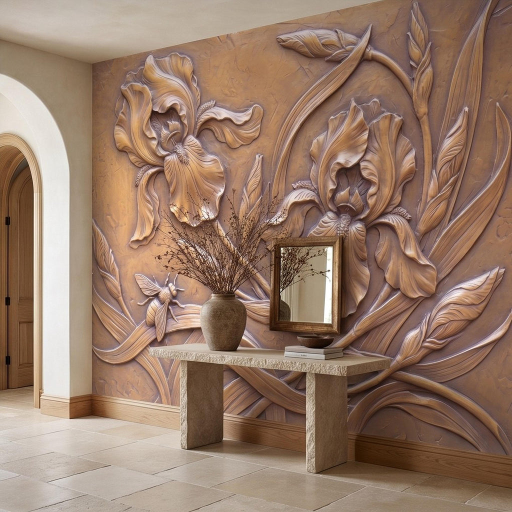 Iris Flowers Peel and Stick Wall Mural, Botanical Relief, Embossed Plaster Iris with Bee Art Nouveau Bas Relief Wallpaper