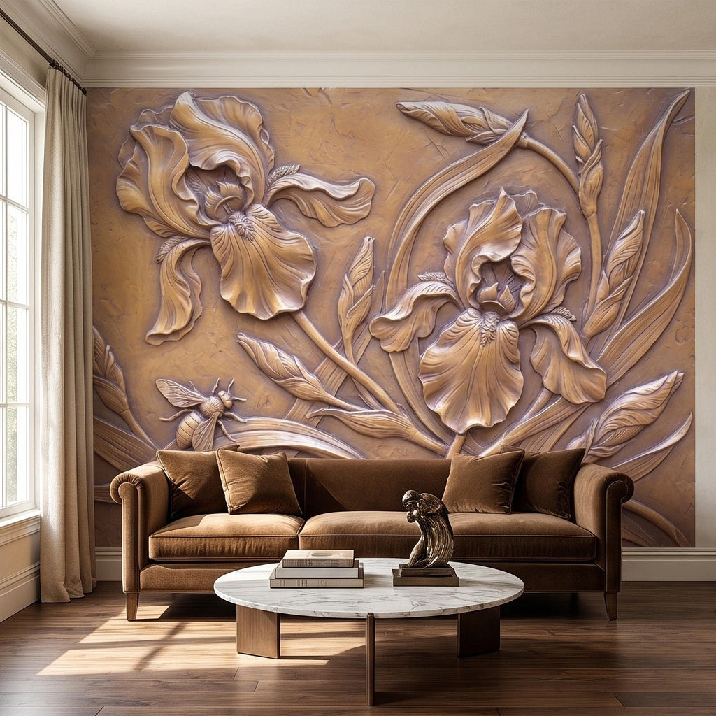 Iris Flowers Peel and Stick Wall Mural, Botanical Relief, Embossed Plaster Iris with Bee Art Nouveau Bas Relief Wallpaper