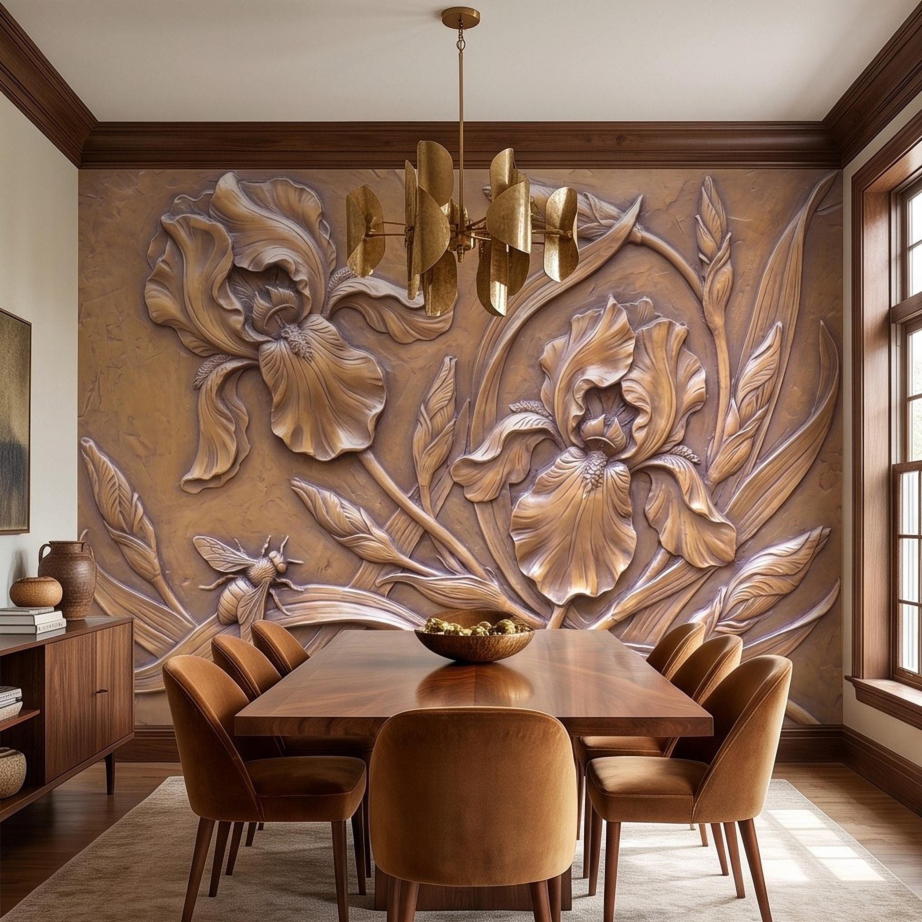 Iris Flowers Peel and Stick Wall Mural, Botanical Relief, Embossed Plaster Iris with Bee Art Nouveau Bas Relief Wallpaper