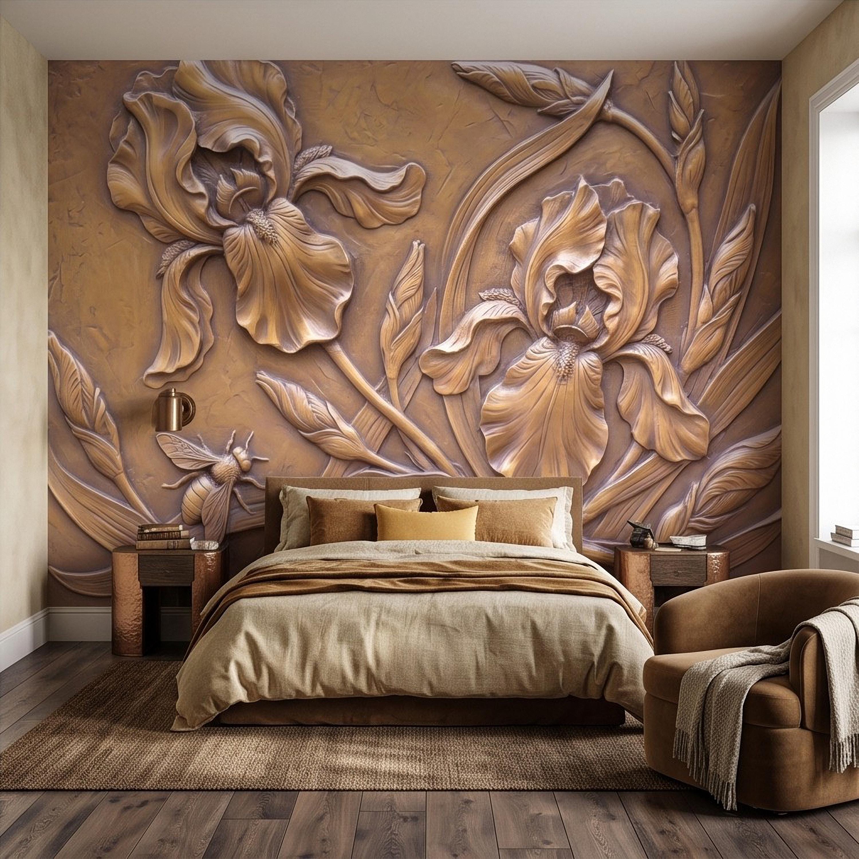 Iris Flowers Peel and Stick Wall Mural, Botanical Relief, Embossed Plaster Iris with Bee Art Nouveau Bas Relief Wallpaper