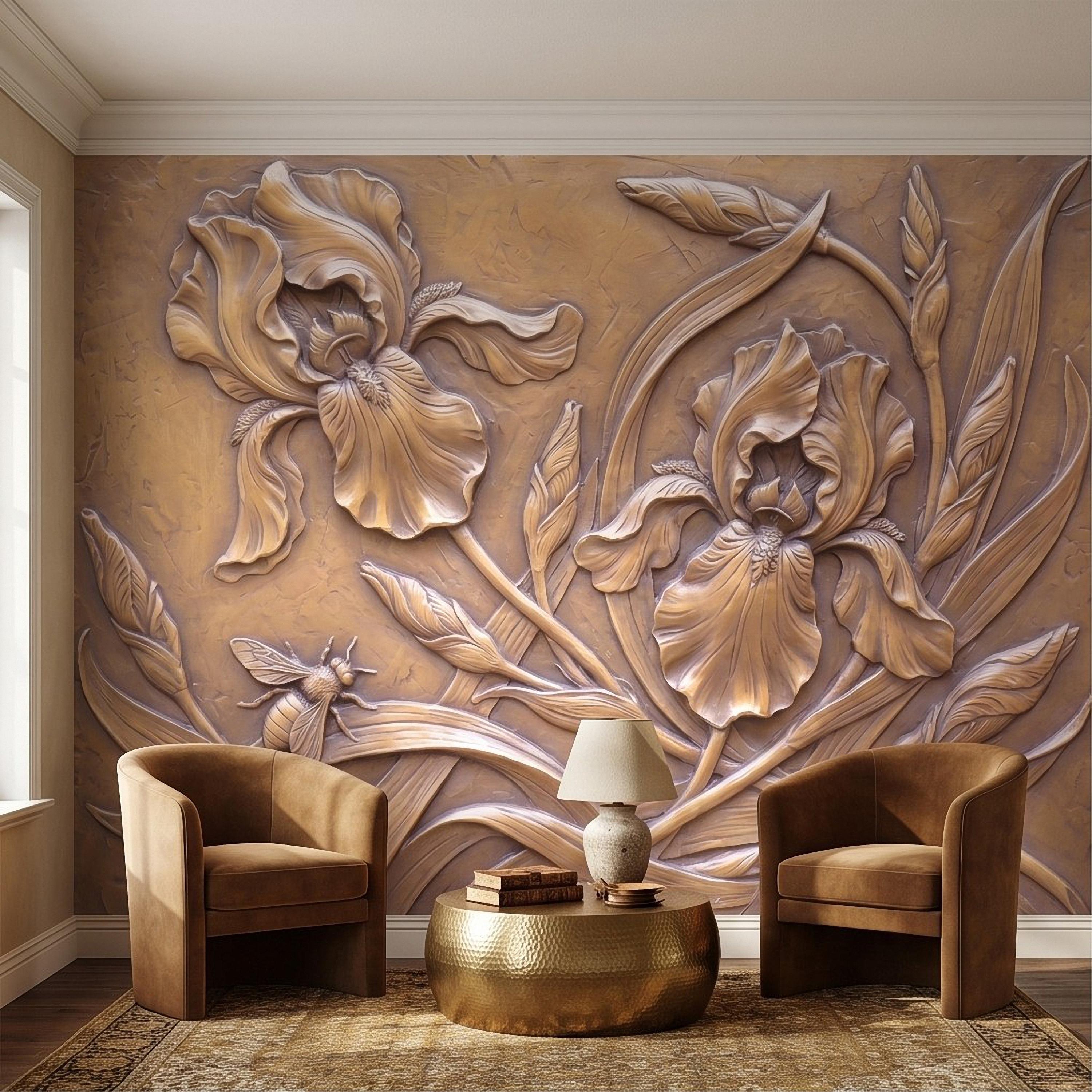 Iris Flowers Peel and Stick Wall Mural, Botanical Relief, Embossed Plaster Iris with Bee Art Nouveau Bas Relief Wallpaper
