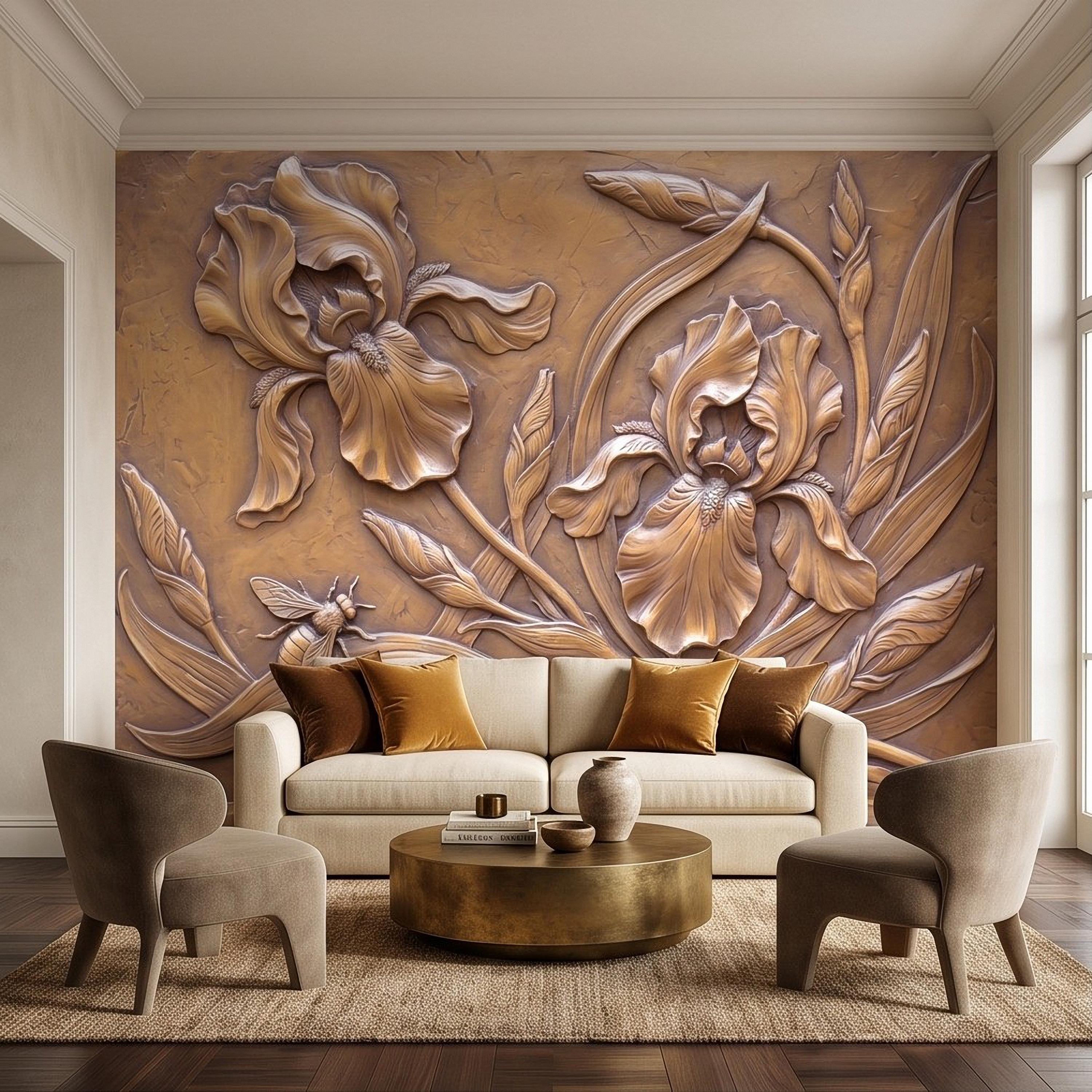 Iris Flowers Peel and Stick Wall Mural, Botanical Relief, Embossed Plaster Iris with Bee Art Nouveau Bas Relief Wallpaper