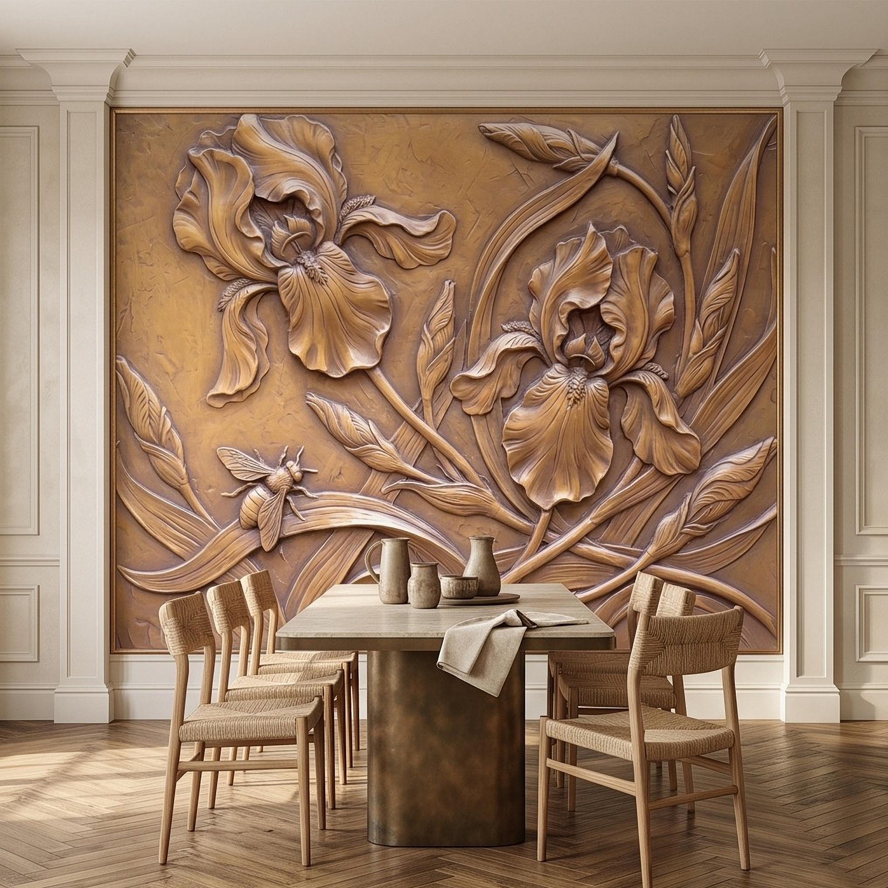 Iris Flowers Peel and Stick Wall Mural, Botanical Relief, Embossed Plaster Iris with Bee Art Nouveau Bas Relief Wallpaper