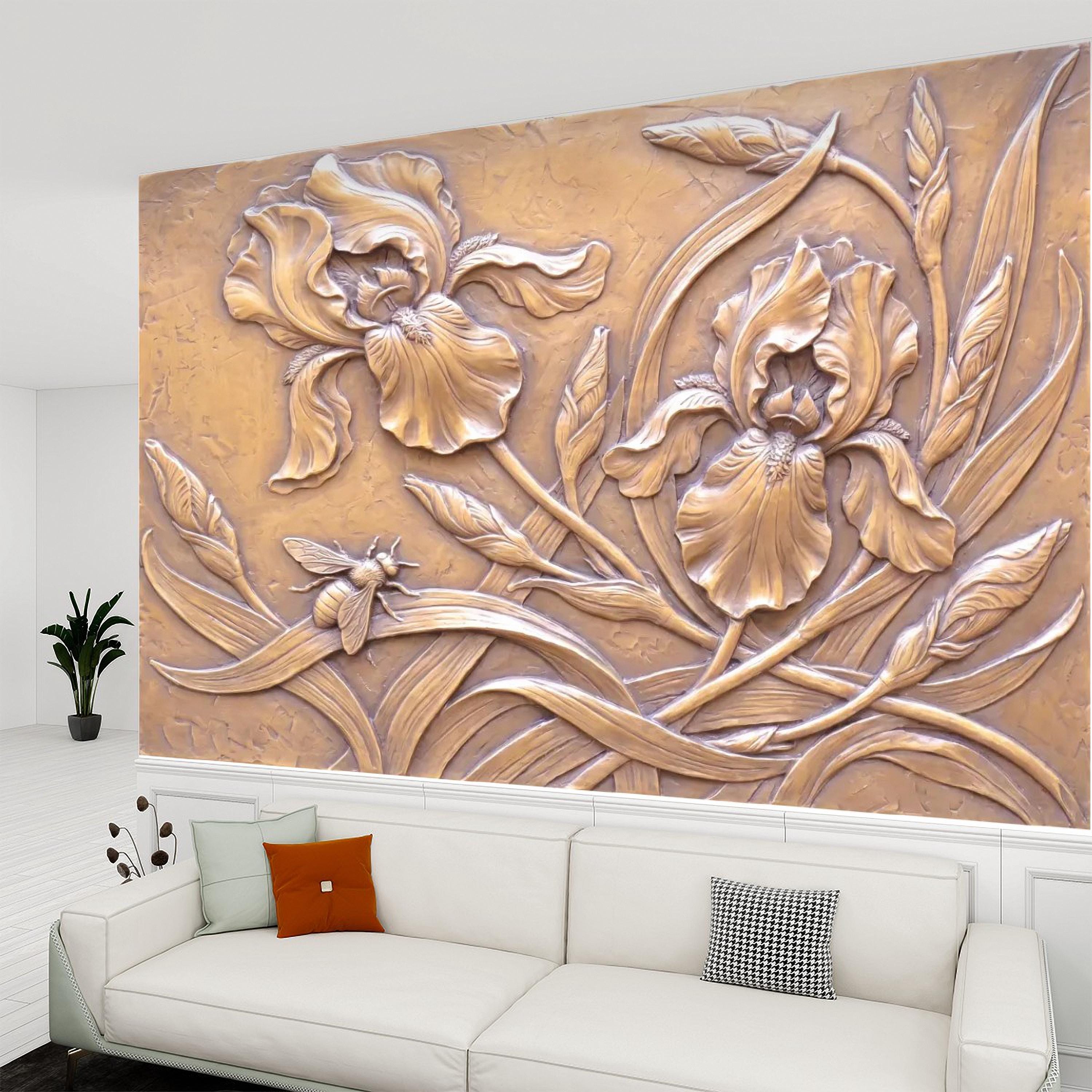 Iris Flowers Peel and Stick Wall Mural, Botanical Relief, Embossed Plaster Iris with Bee Art Nouveau Bas Relief Wallpaper