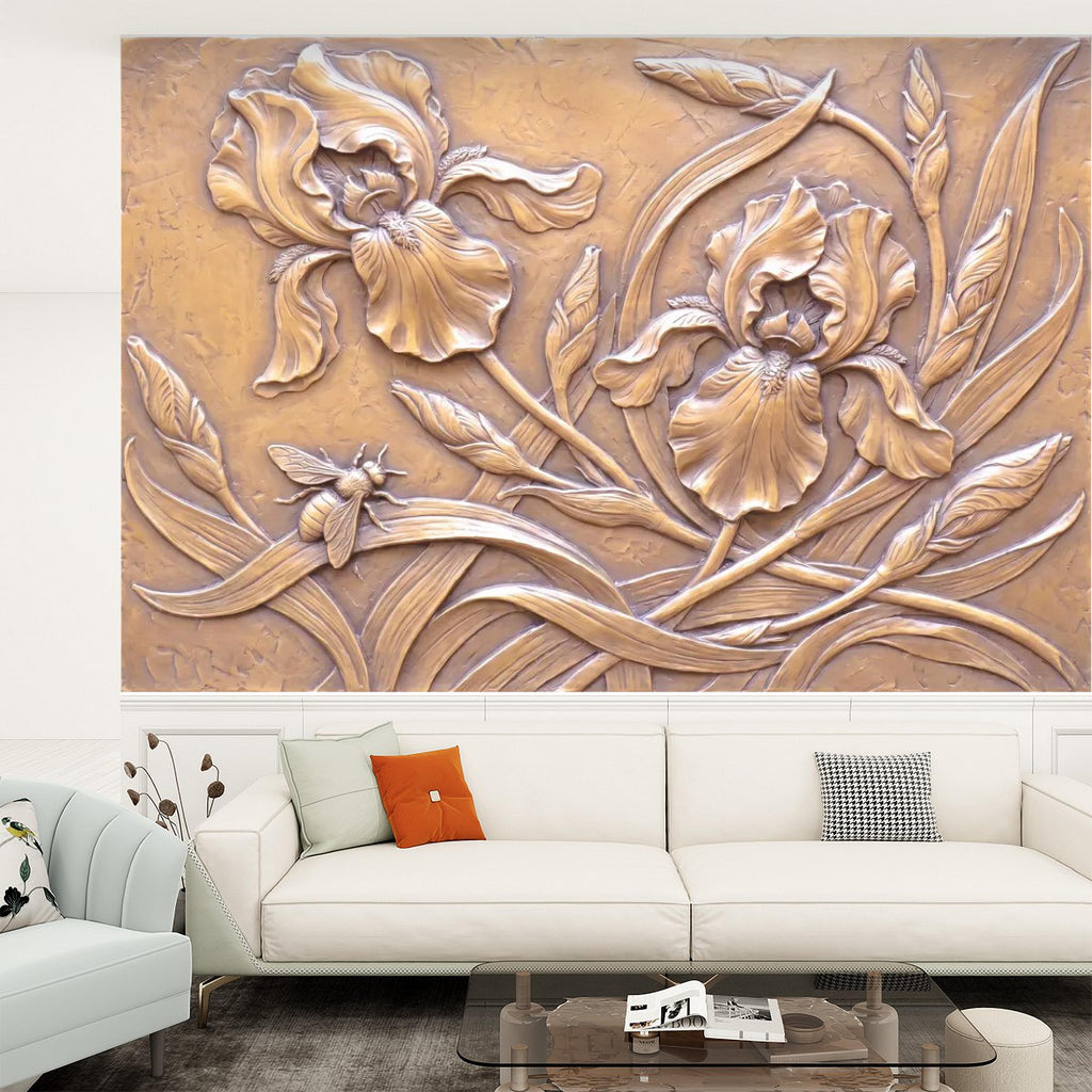 Iris Flowers Peel and Stick Wall Mural, Botanical Relief, Embossed Plaster Iris with Bee Art Nouveau Bas Relief Wallpaper