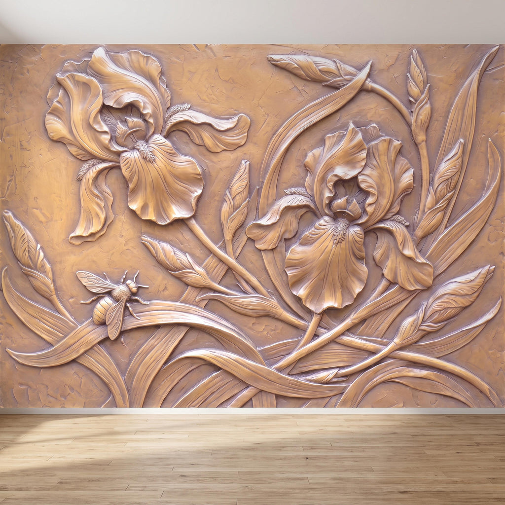 Iris Flowers Peel and Stick Wall Mural, Botanical Relief, Embossed Plaster Iris with Bee Art Nouveau Bas Relief Wallpaper