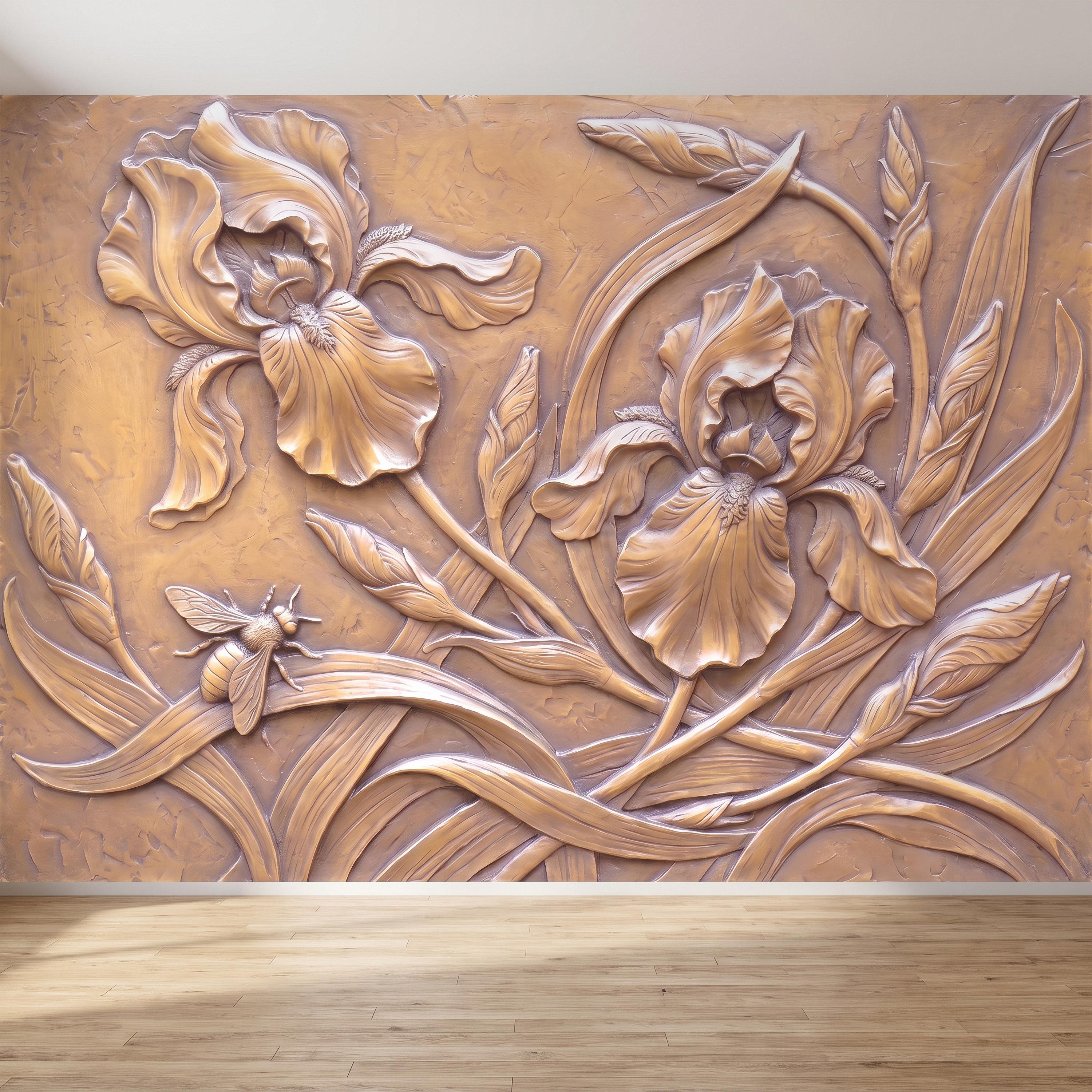 Iris Flowers Peel and Stick Wall Mural, Botanical Relief, Embossed Plaster Iris with Bee Art Nouveau Bas Relief Wallpaper