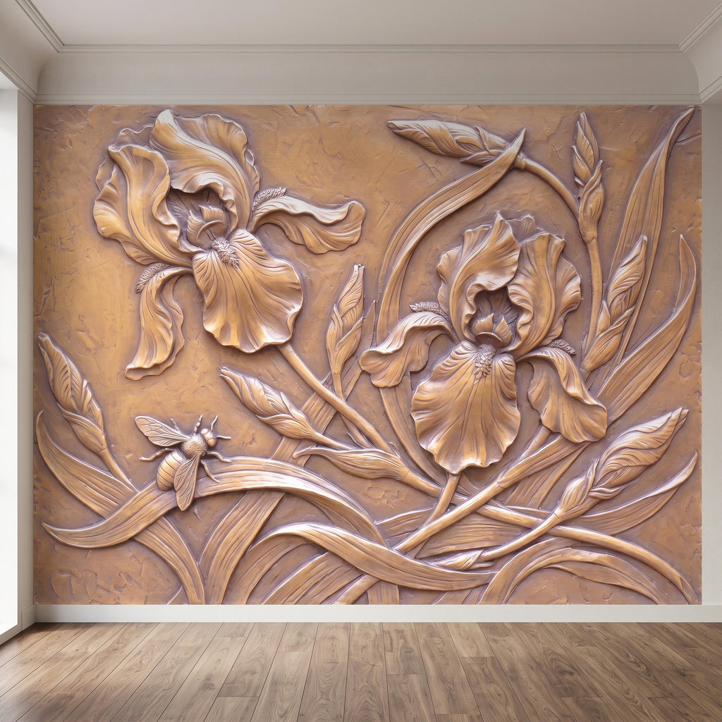 Iris Flowers Peel and Stick Wall Mural, Botanical Relief, Embossed Plaster Iris with Bee Art Nouveau Bas Relief Wallpaper