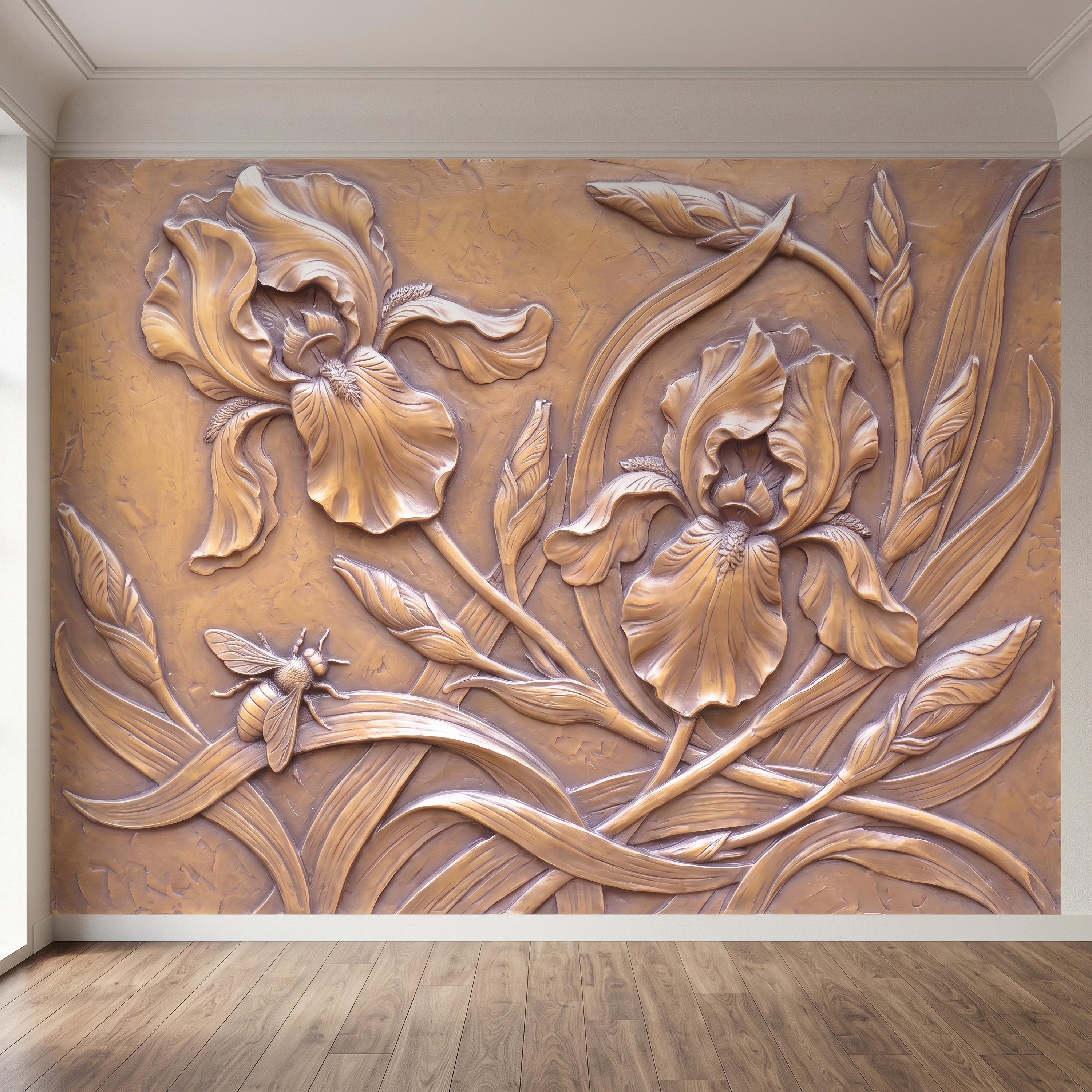 Iris Flowers Peel and Stick Wall Mural, Botanical Relief, Embossed Plaster Iris with Bee Art Nouveau Bas Relief Wallpaper