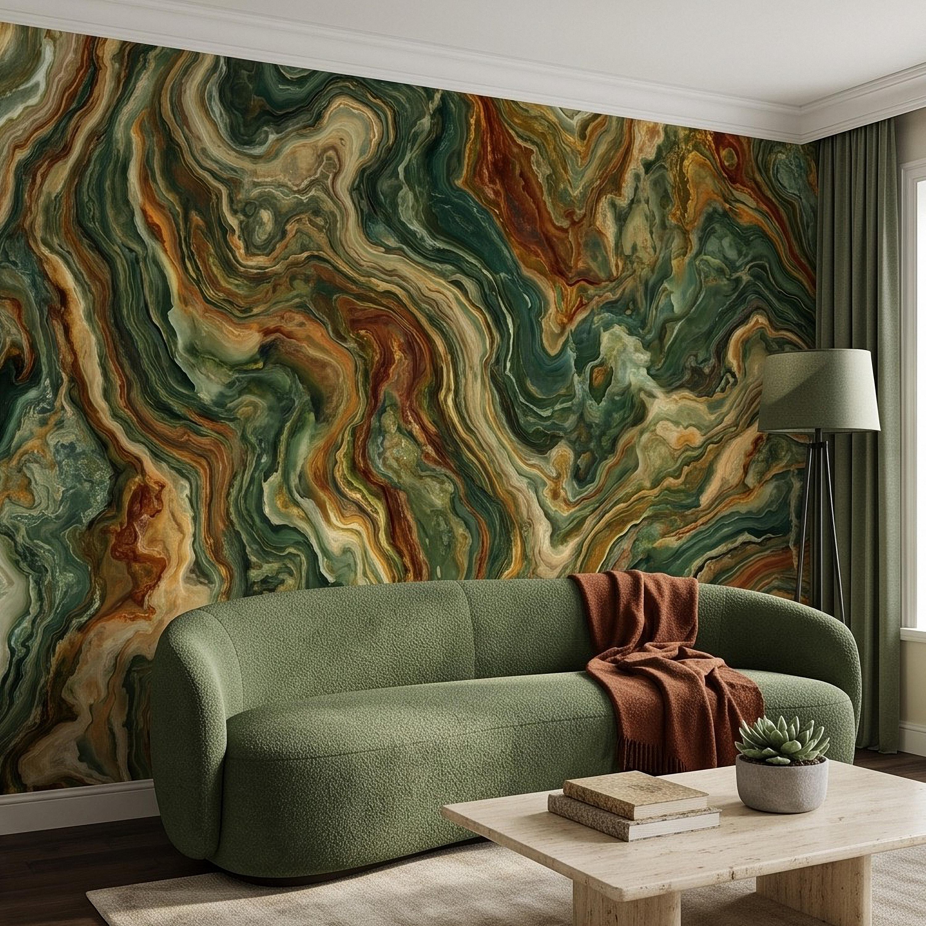 Green Onyx Peel and Stick Wall Mural, Abstract Natural Stone Mineral Texture Earthy Luxury Wallpaper