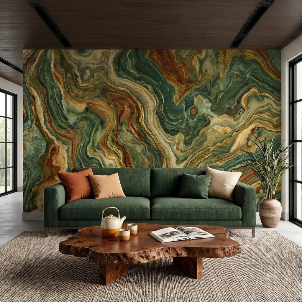 Green Onyx Peel and Stick Wall Mural, Abstract Natural Stone Mineral Texture Earthy Luxury Wallpaper