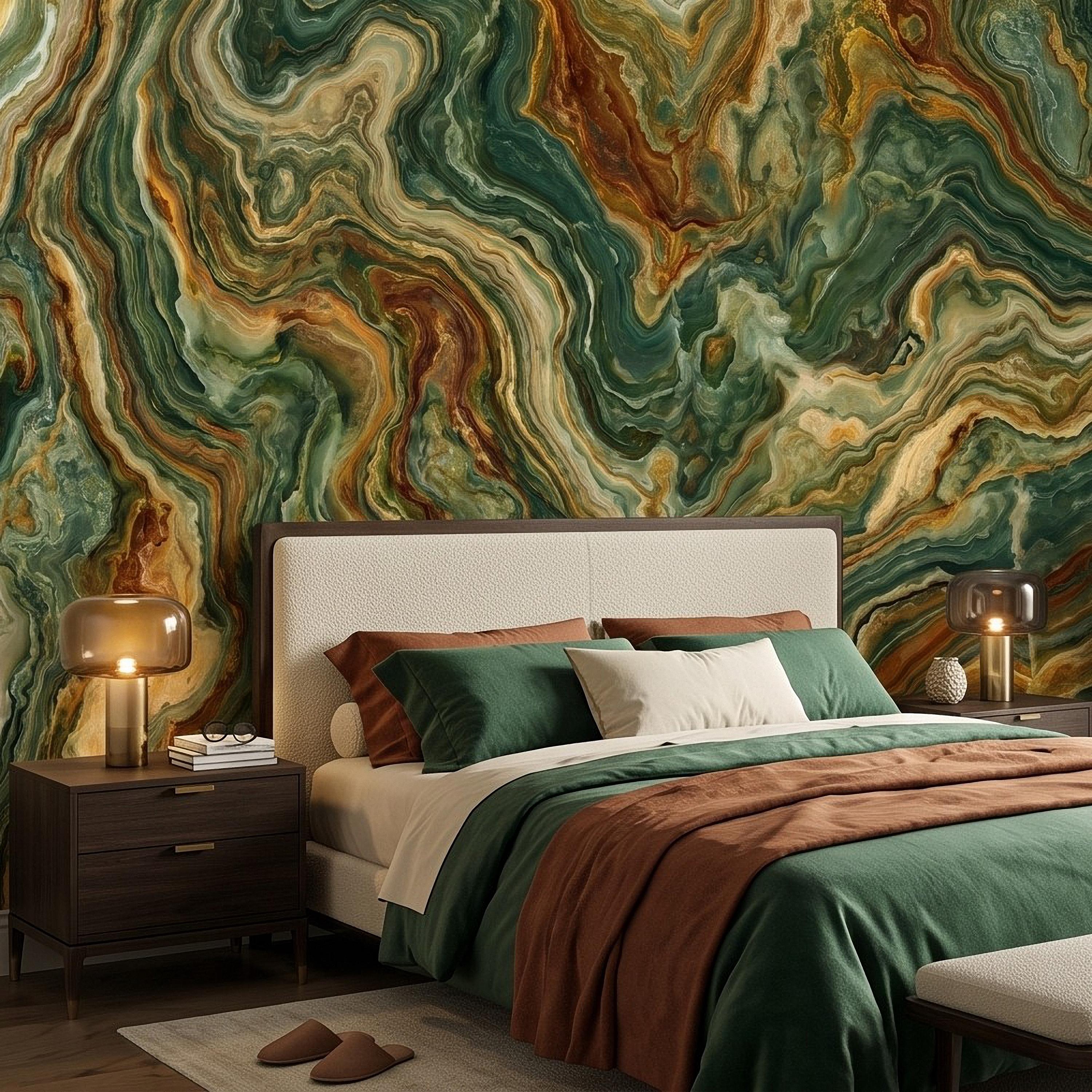 Green Onyx Peel and Stick Wall Mural, Abstract Natural Stone Mineral Texture Earthy Luxury Wallpaper