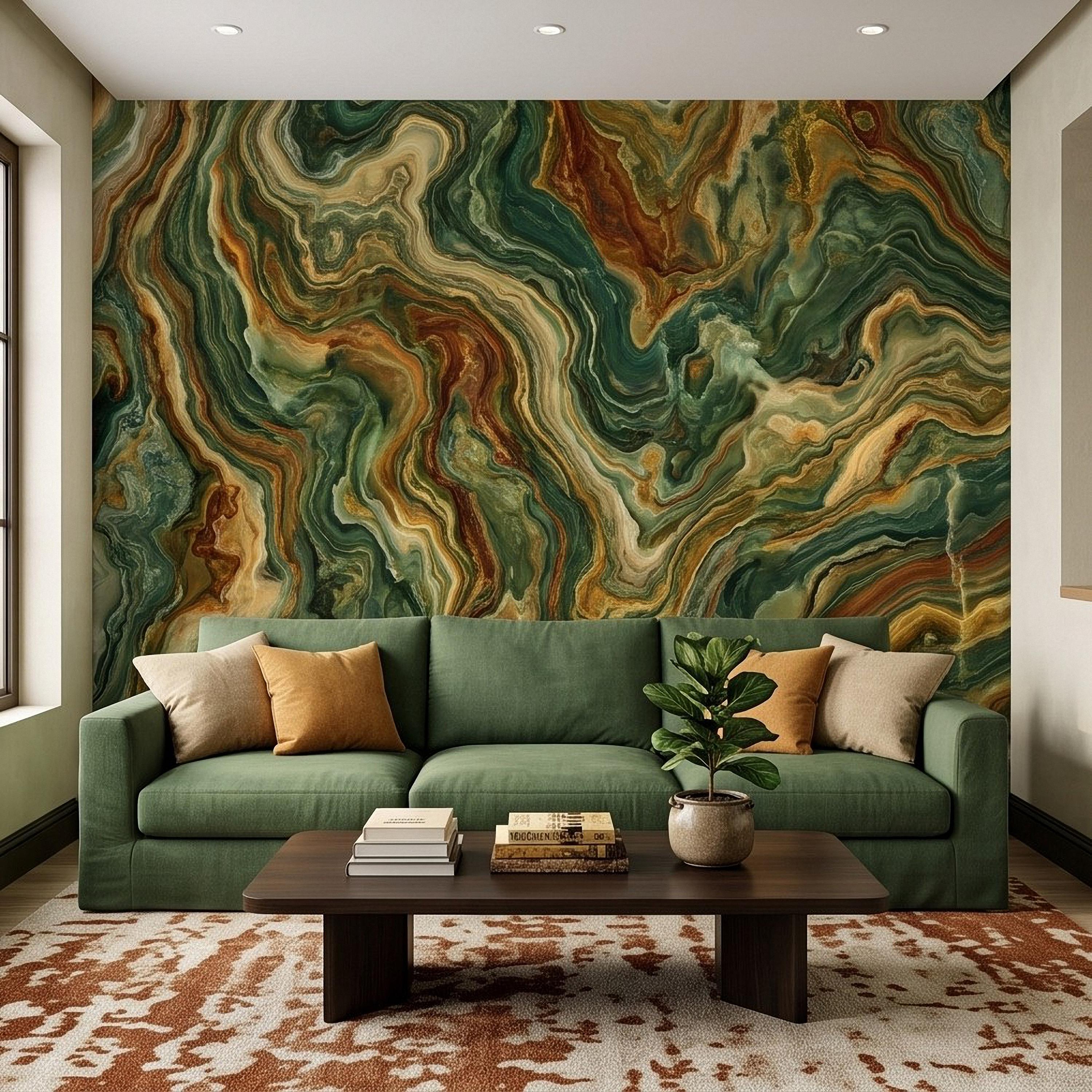 Green Onyx Peel and Stick Wall Mural, Abstract Natural Stone Mineral Texture Earthy Luxury Wallpaper