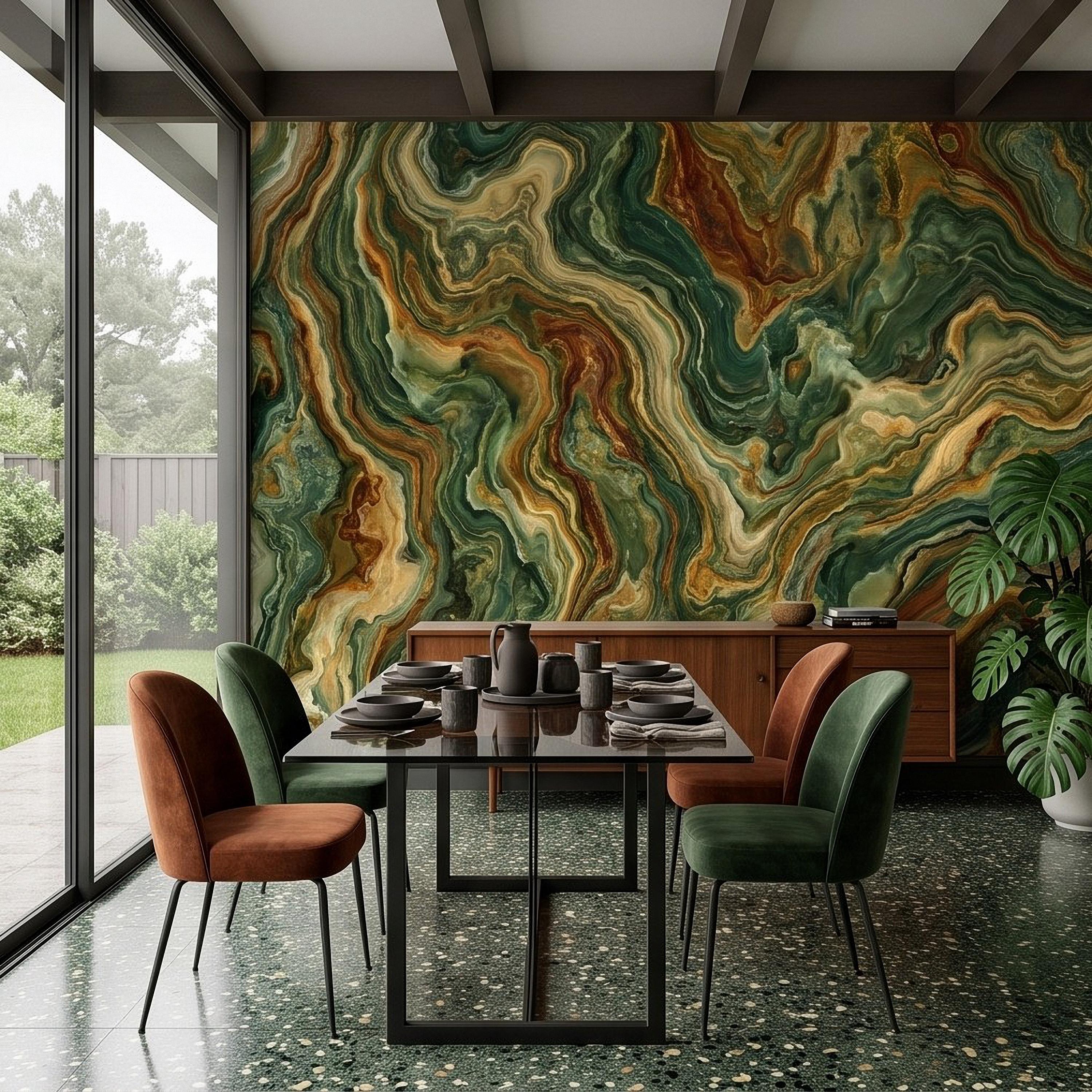 Green Onyx Peel and Stick Wall Mural, Abstract Natural Stone Mineral Texture Earthy Luxury Wallpaper