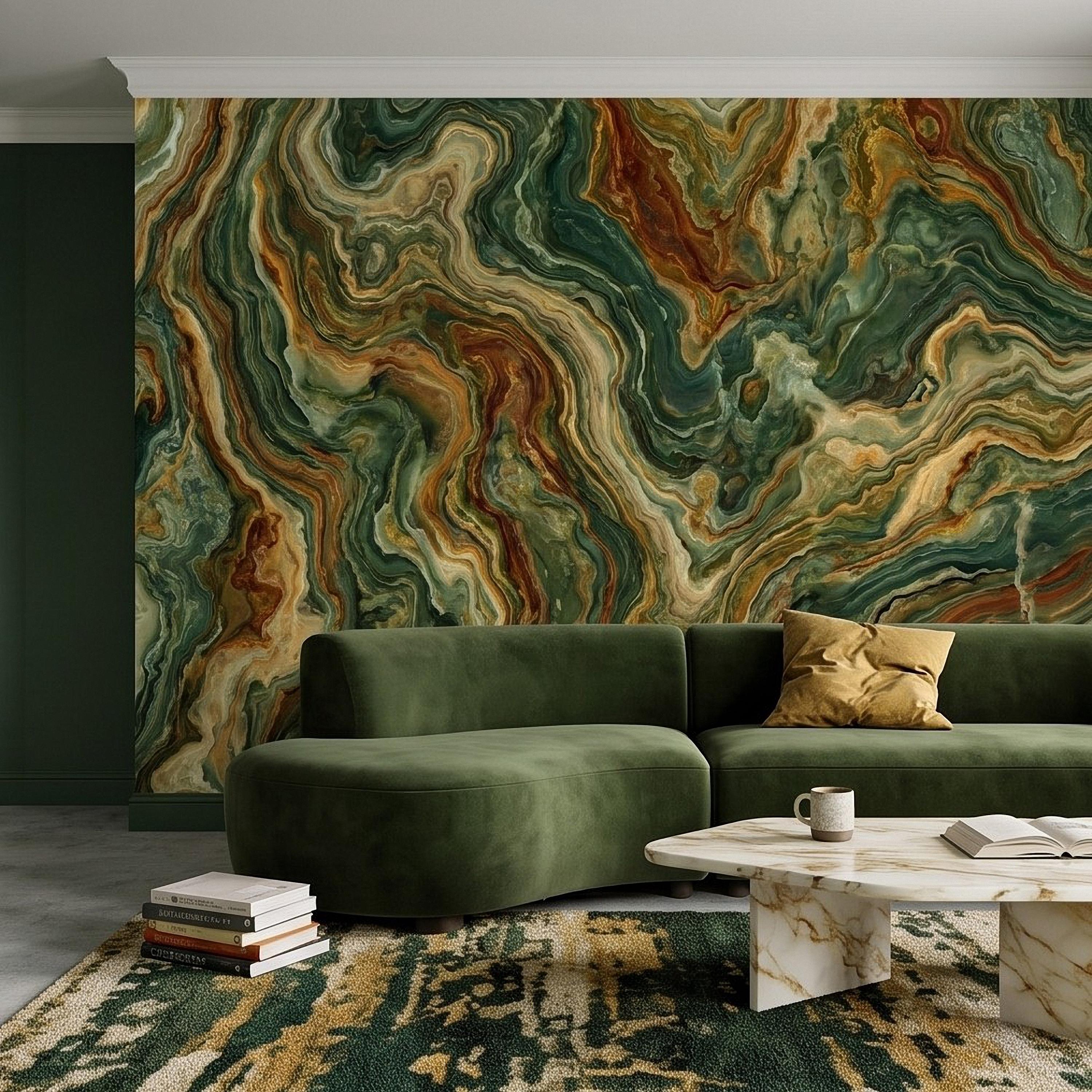 Green Onyx Peel and Stick Wall Mural, Abstract Natural Stone Mineral Texture Earthy Luxury Wallpaper