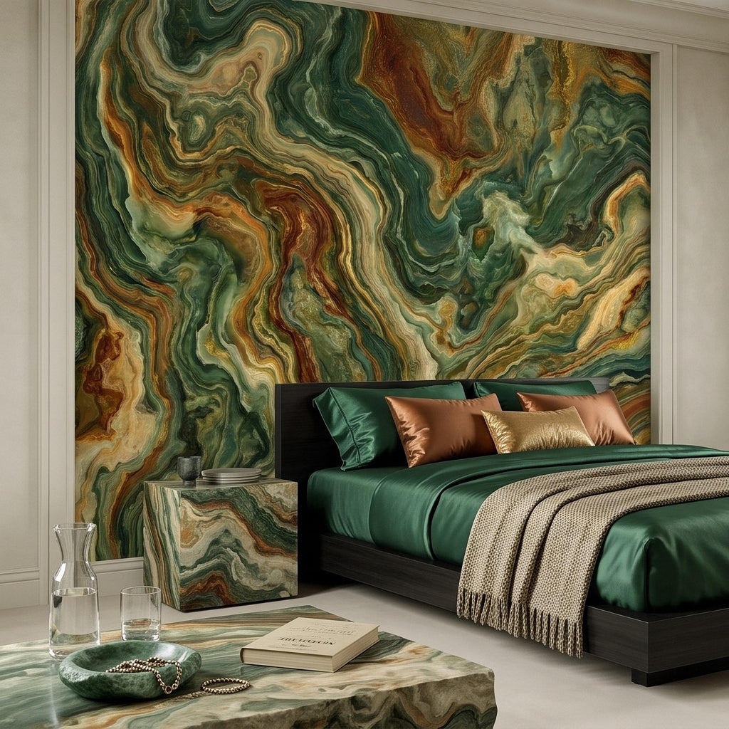 Green Onyx Peel and Stick Wall Mural, Abstract Natural Stone Mineral Texture Earthy Luxury Wallpaper