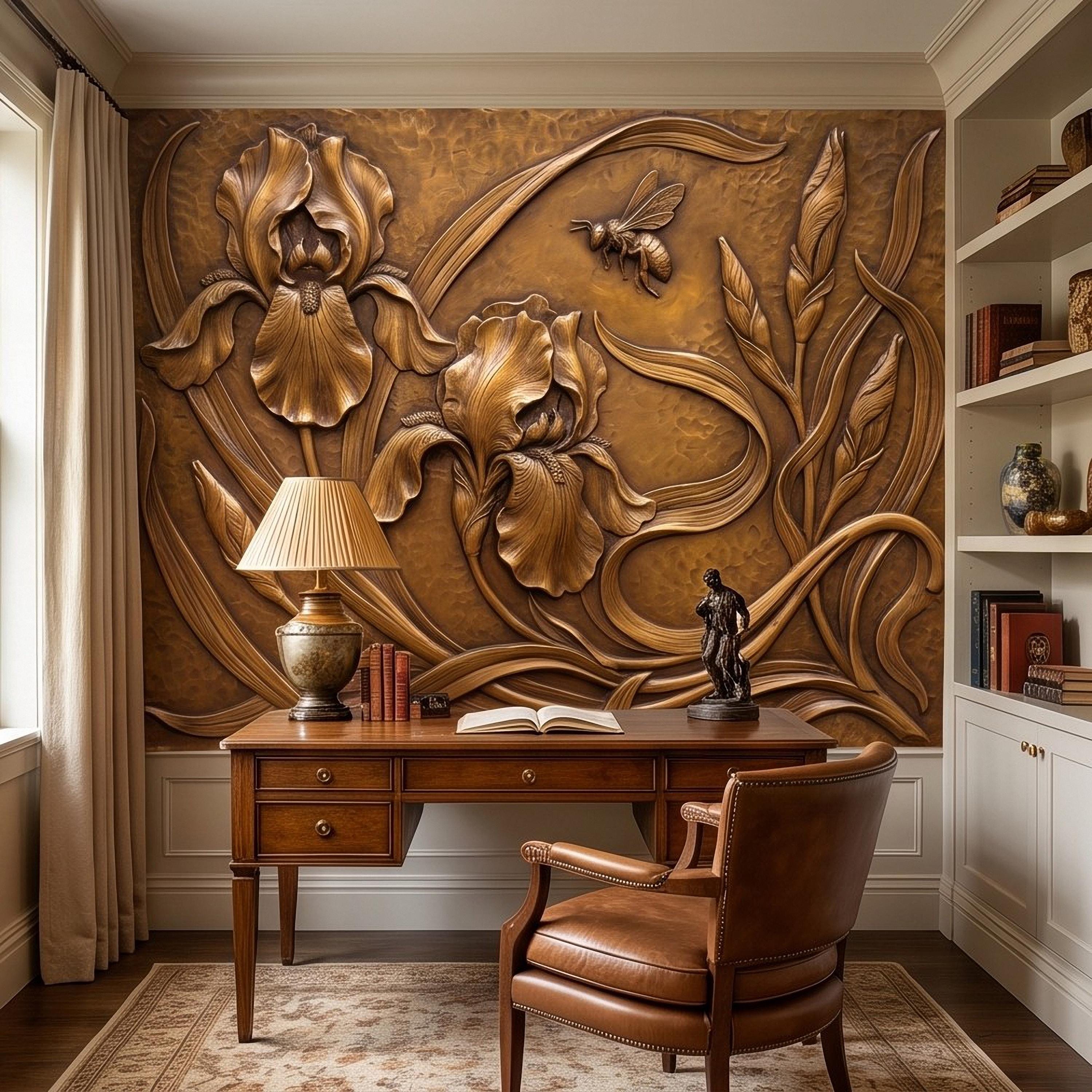Iris Flowers Peel and Stick Wall Mural, Embossed Botanical Relief Sculpted Plaster Iris with Bee Art Nouveau Wallpaper