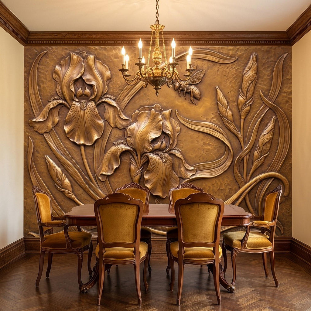 Iris Flowers Peel and Stick Wall Mural, Embossed Botanical Relief Sculpted Plaster Iris with Bee Art Nouveau Wallpaper