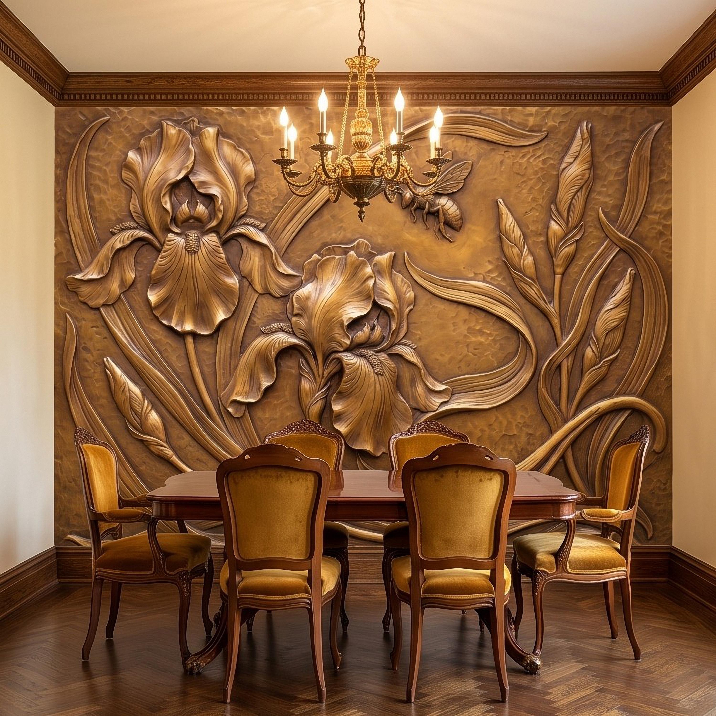 Iris Flowers Peel and Stick Wall Mural, Embossed Botanical Relief Sculpted Plaster Iris with Bee Art Nouveau Wallpaper