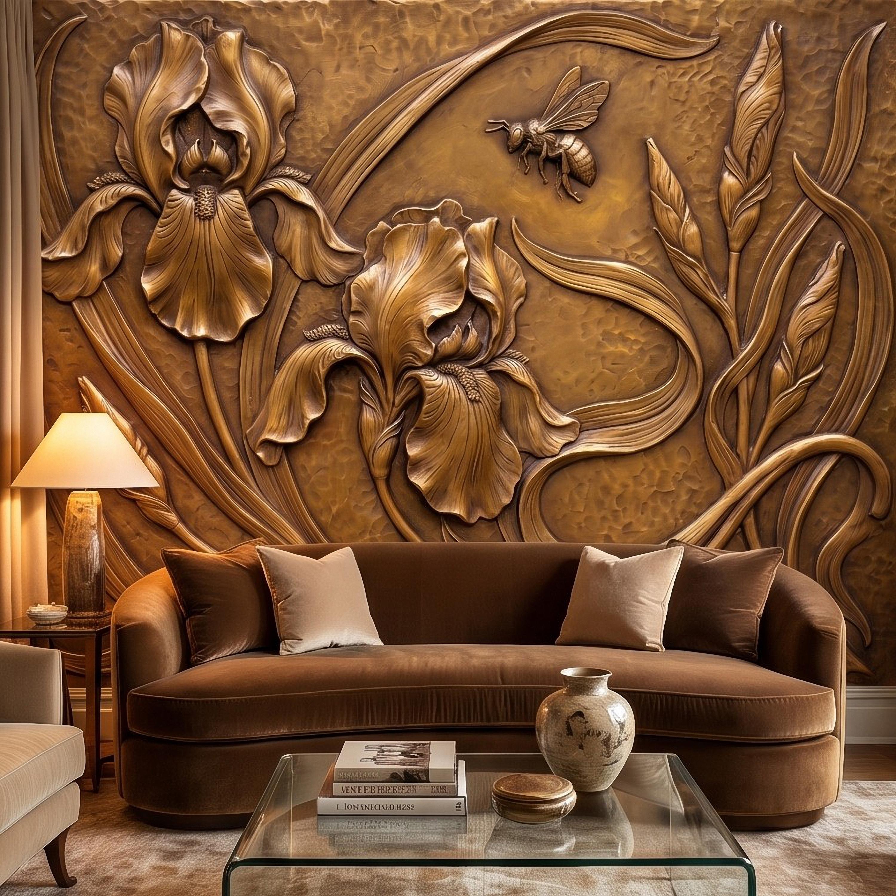 Iris Flowers Peel and Stick Wall Mural, Embossed Botanical Relief Sculpted Plaster Iris with Bee Art Nouveau Wallpaper
