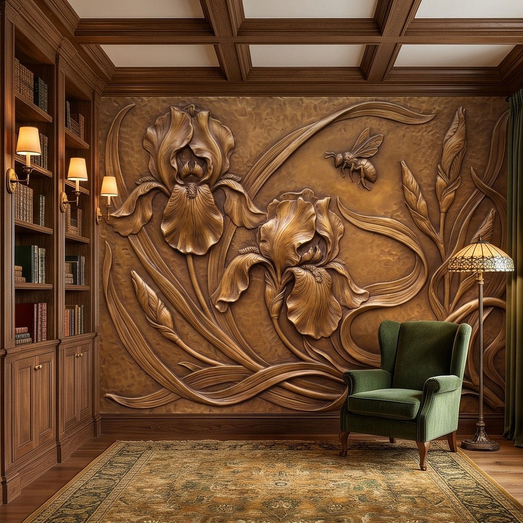 Iris Flowers Peel and Stick Wall Mural, Embossed Botanical Relief Sculpted Plaster Iris with Bee Art Nouveau Wallpaper
