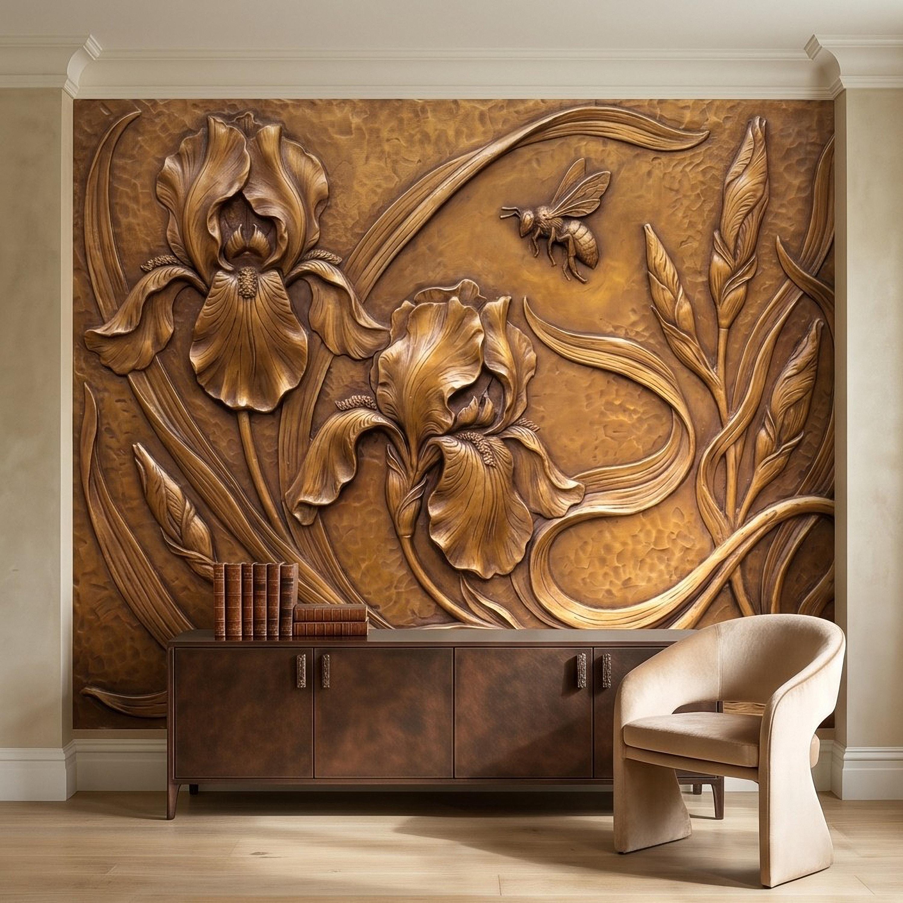 Iris Flowers Peel and Stick Wall Mural, Embossed Botanical Relief Sculpted Plaster Iris with Bee Art Nouveau Wallpaper