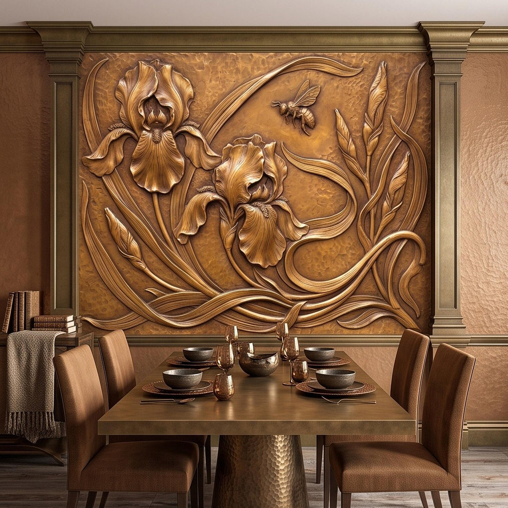 Iris Flowers Peel and Stick Wall Mural, Embossed Botanical Relief Sculpted Plaster Iris with Bee Art Nouveau Wallpaper