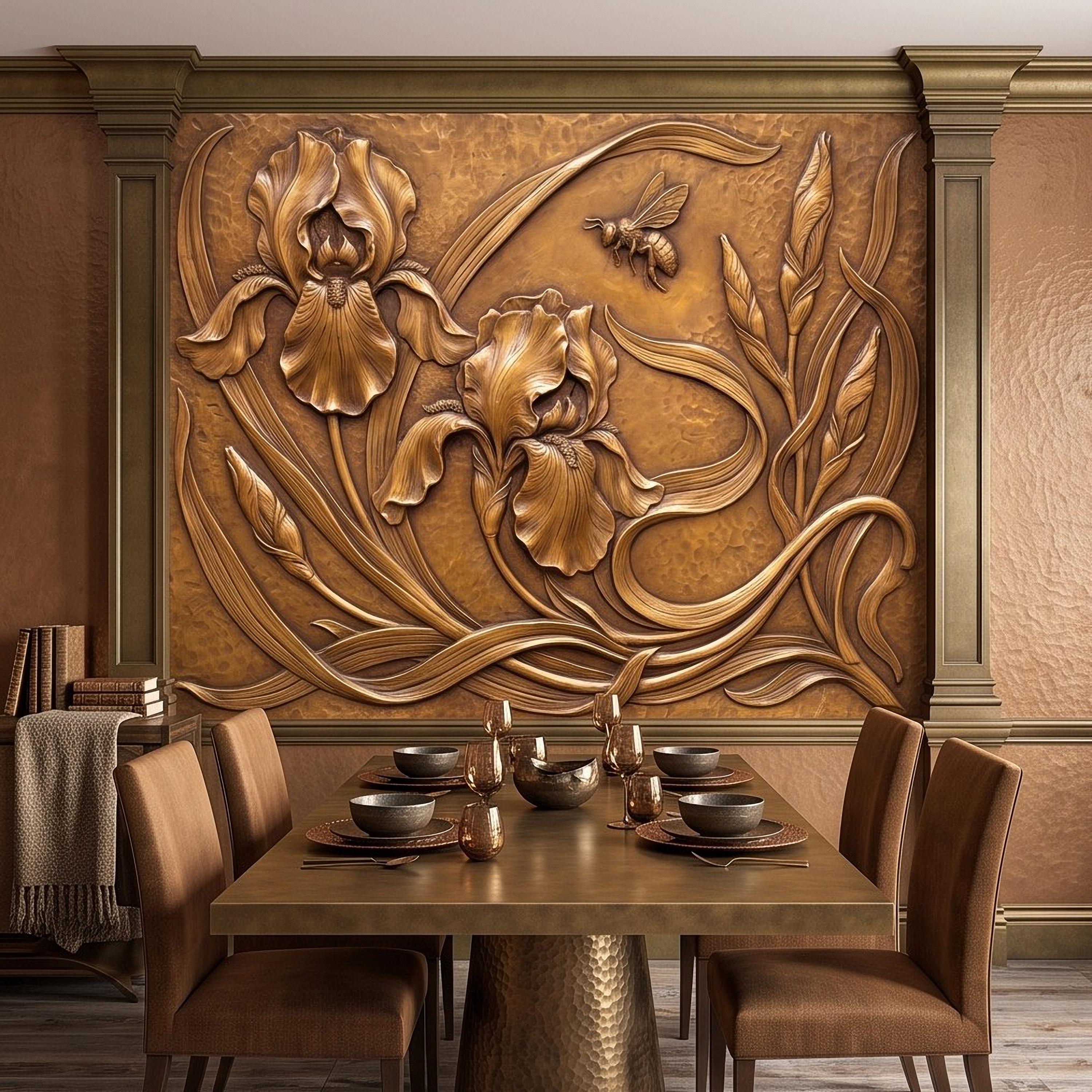 Iris Flowers Peel and Stick Wall Mural, Embossed Botanical Relief Sculpted Plaster Iris with Bee Art Nouveau Wallpaper