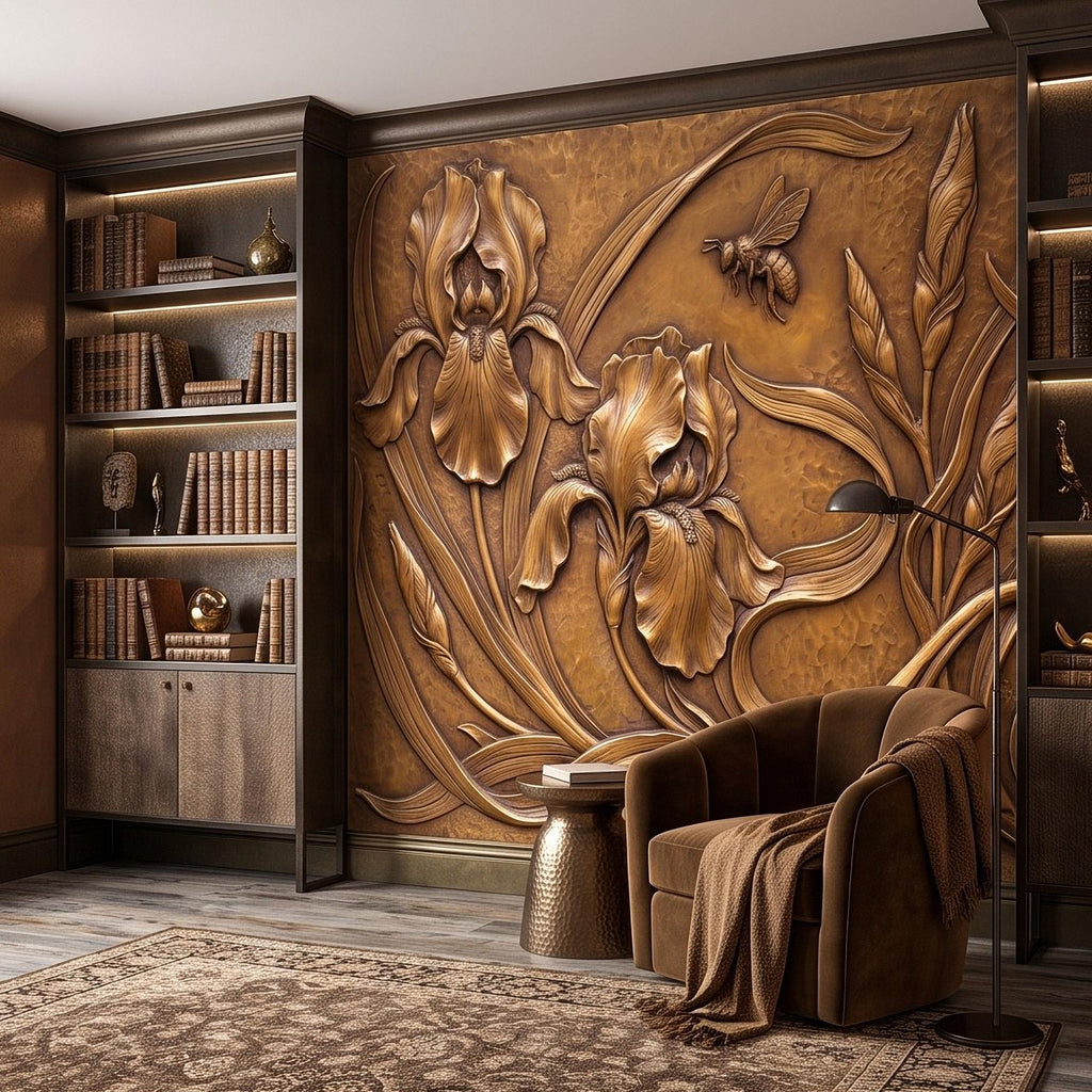 Iris Flowers Peel and Stick Wall Mural, Embossed Botanical Relief Sculpted Plaster Iris with Bee Art Nouveau Wallpaper
