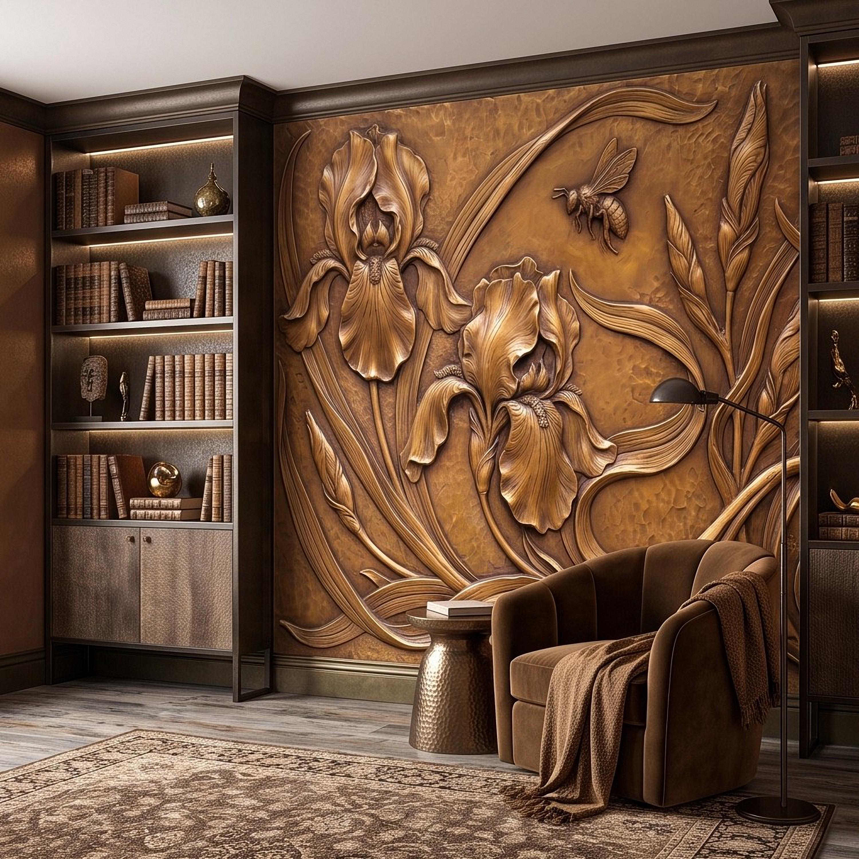 Iris Flowers Peel and Stick Wall Mural, Embossed Botanical Relief Sculpted Plaster Iris with Bee Art Nouveau Wallpaper