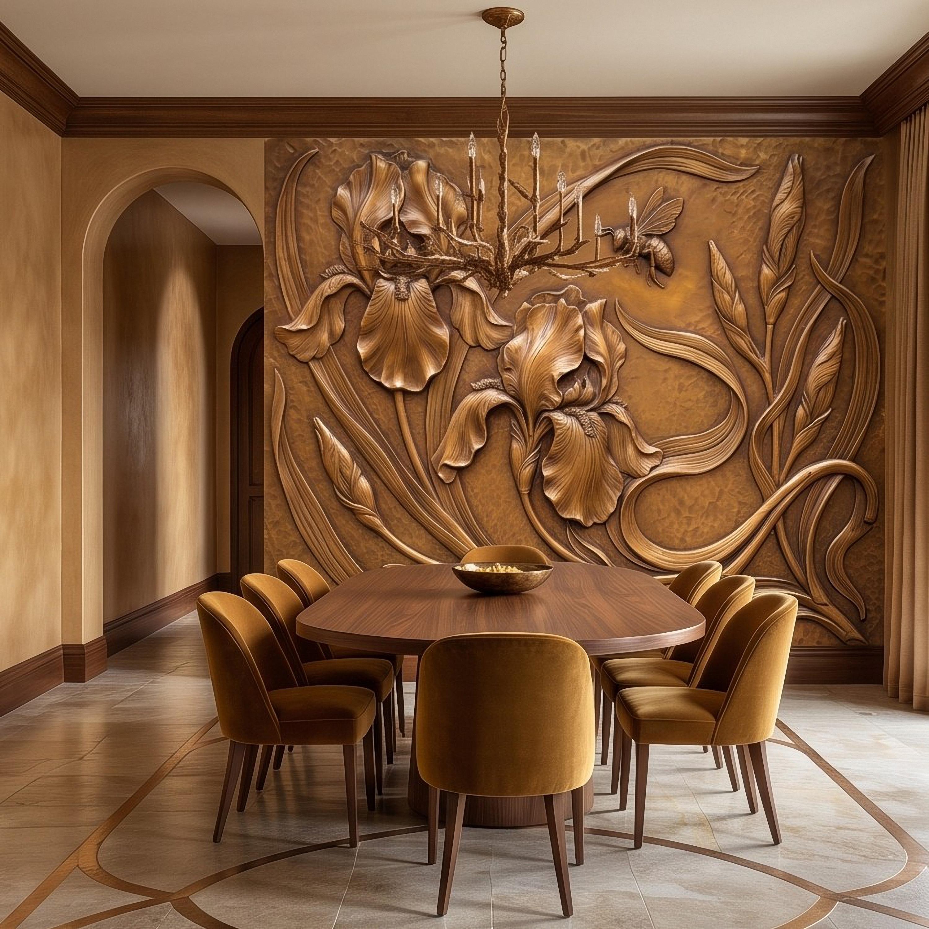 Iris Flowers Peel and Stick Wall Mural, Embossed Botanical Relief Sculpted Plaster Iris with Bee Art Nouveau Wallpaper