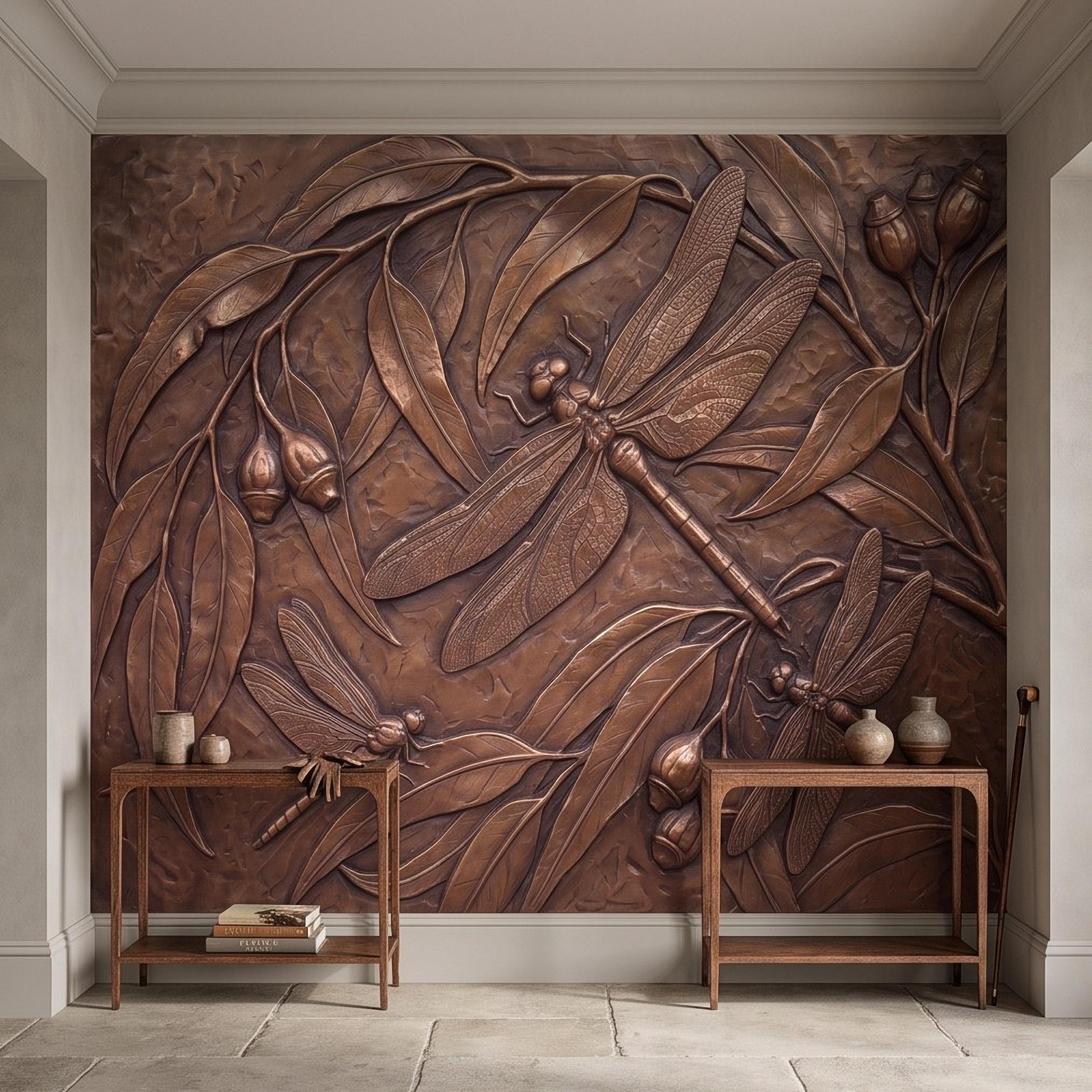Dragonfly Peel and Stick Wall Mural, Embossed Botanical Nature Relief Dragonflies with Botanical Leaves Art Nouveau Wallpaper