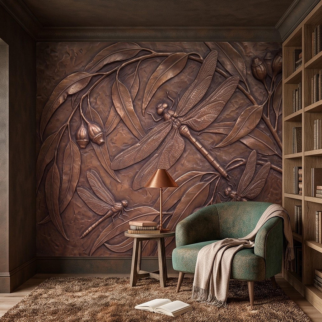 Dragonfly Peel and Stick Wall Mural, Embossed Botanical Nature Relief Dragonflies with Botanical Leaves Art Nouveau Wallpaper