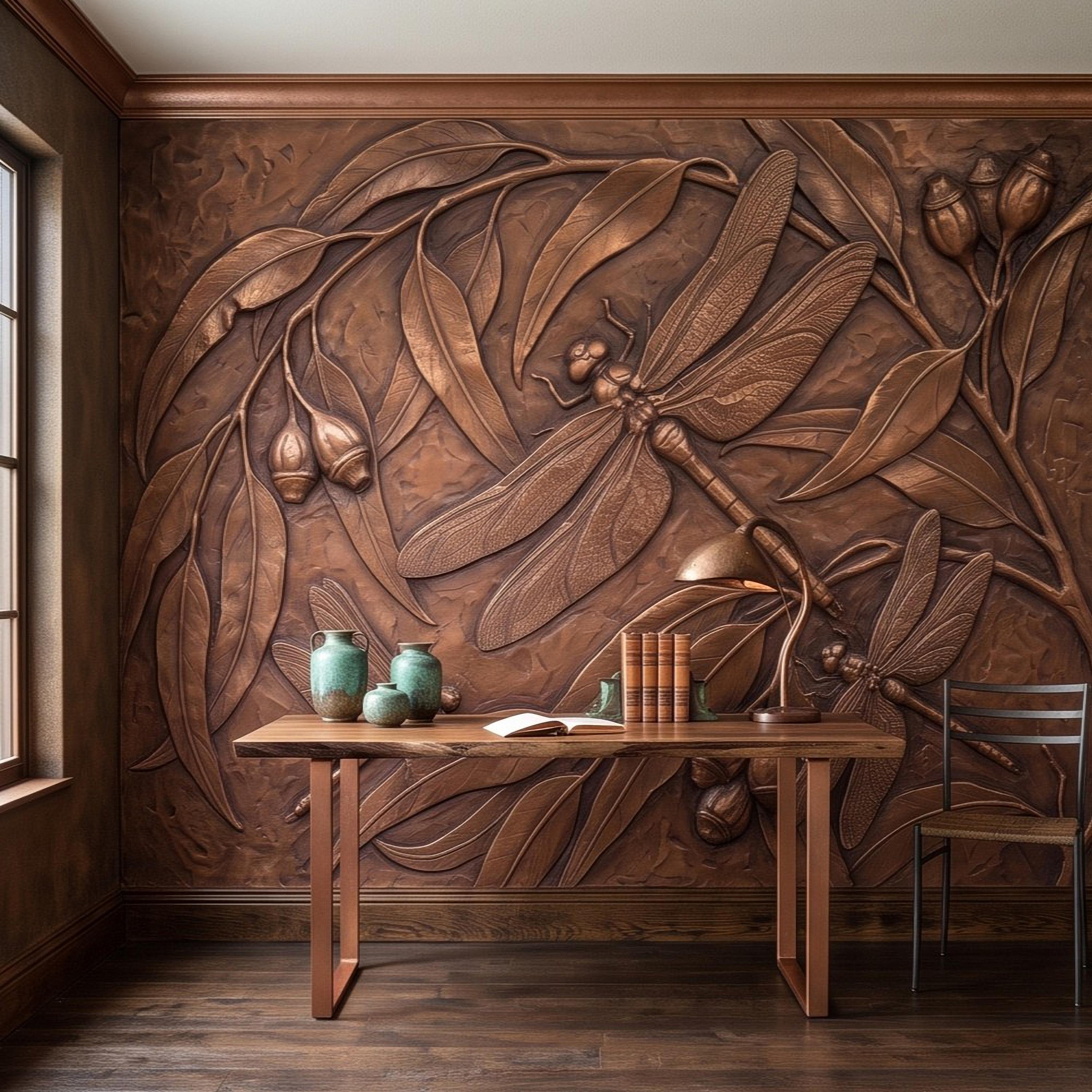 Dragonfly Peel and Stick Wall Mural, Embossed Botanical Nature Relief Dragonflies with Botanical Leaves Art Nouveau Wallpaper